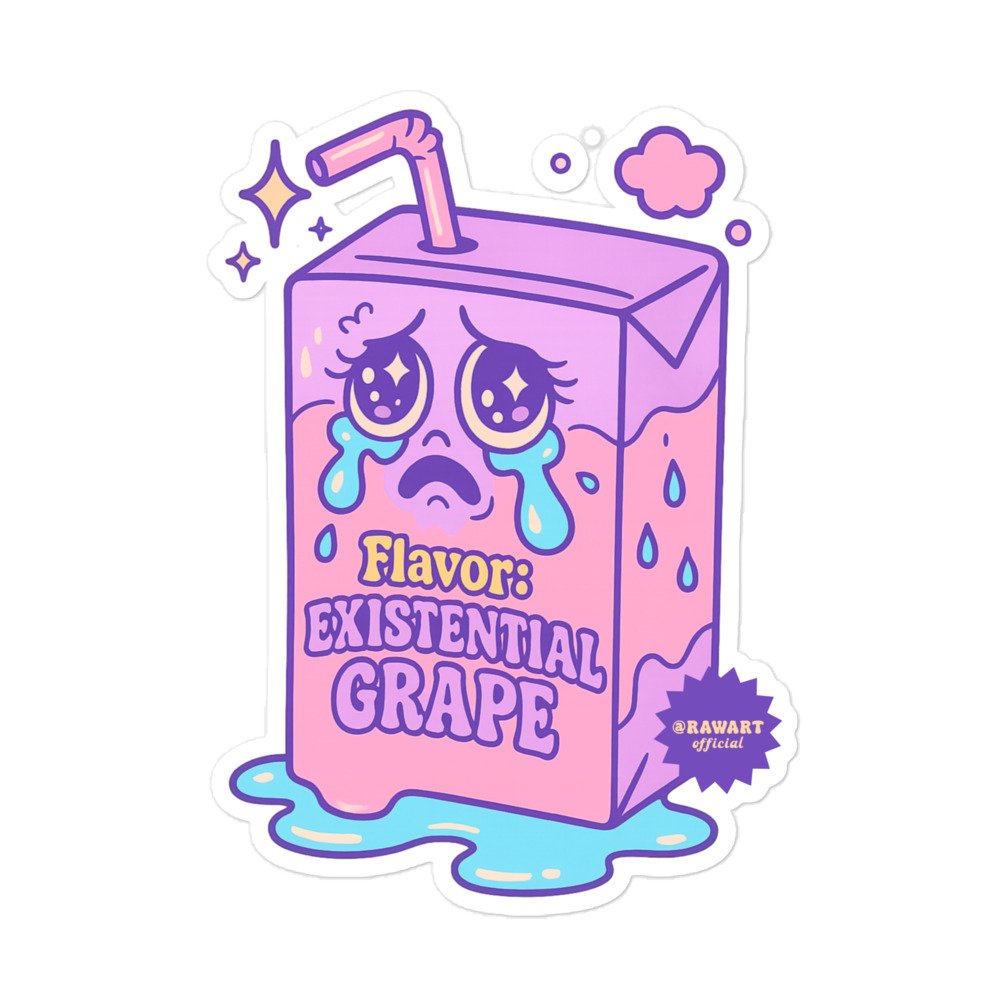 Purple and pink juice box cartoon with sparkly eyes and tears, labeled “Flavor: Existential Grape.” Retro pastel Y2K vibes.