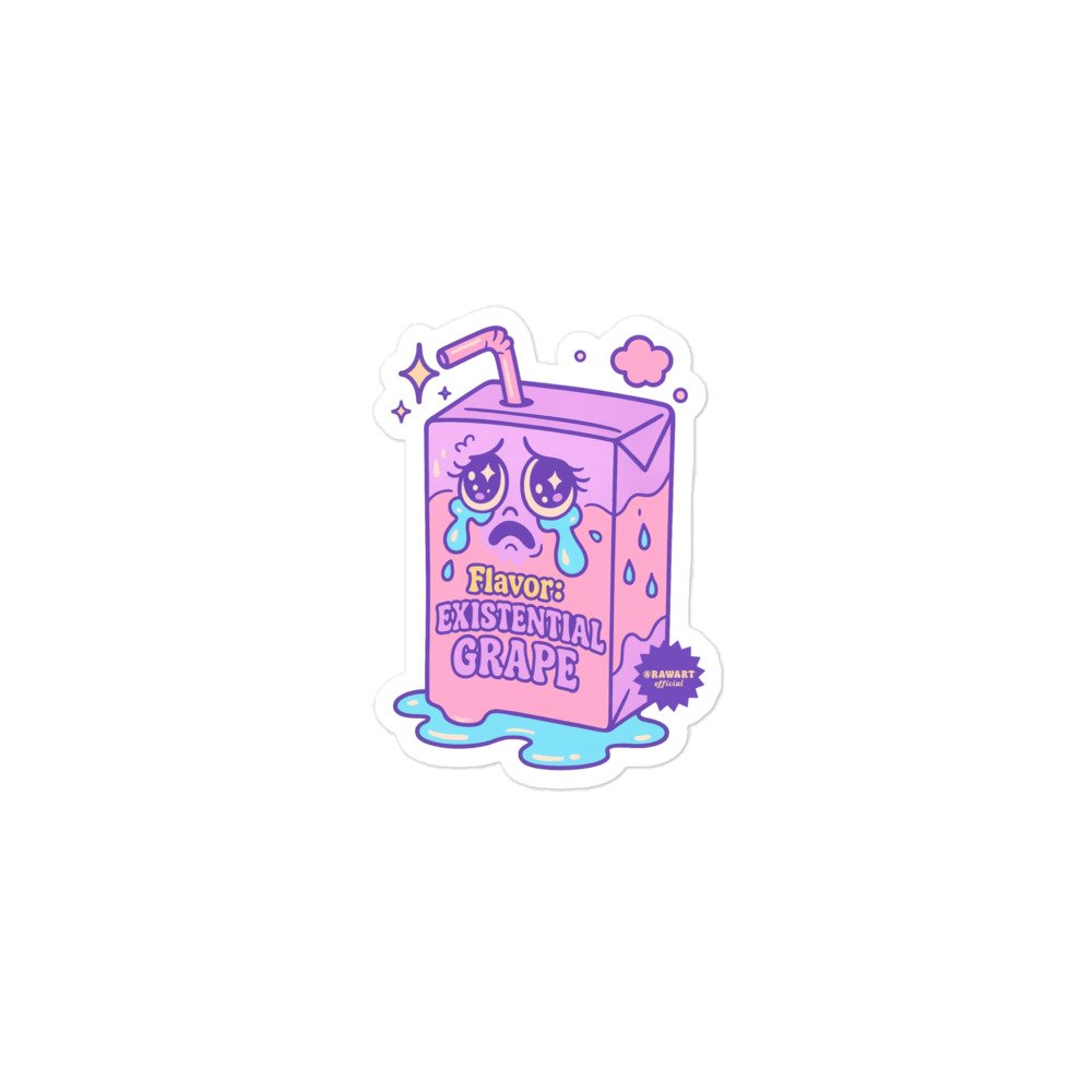 Purple and pink juice box cartoon with sparkly eyes and tears, labeled “Flavor: Existential Grape.” Retro pastel Y2K vibes.