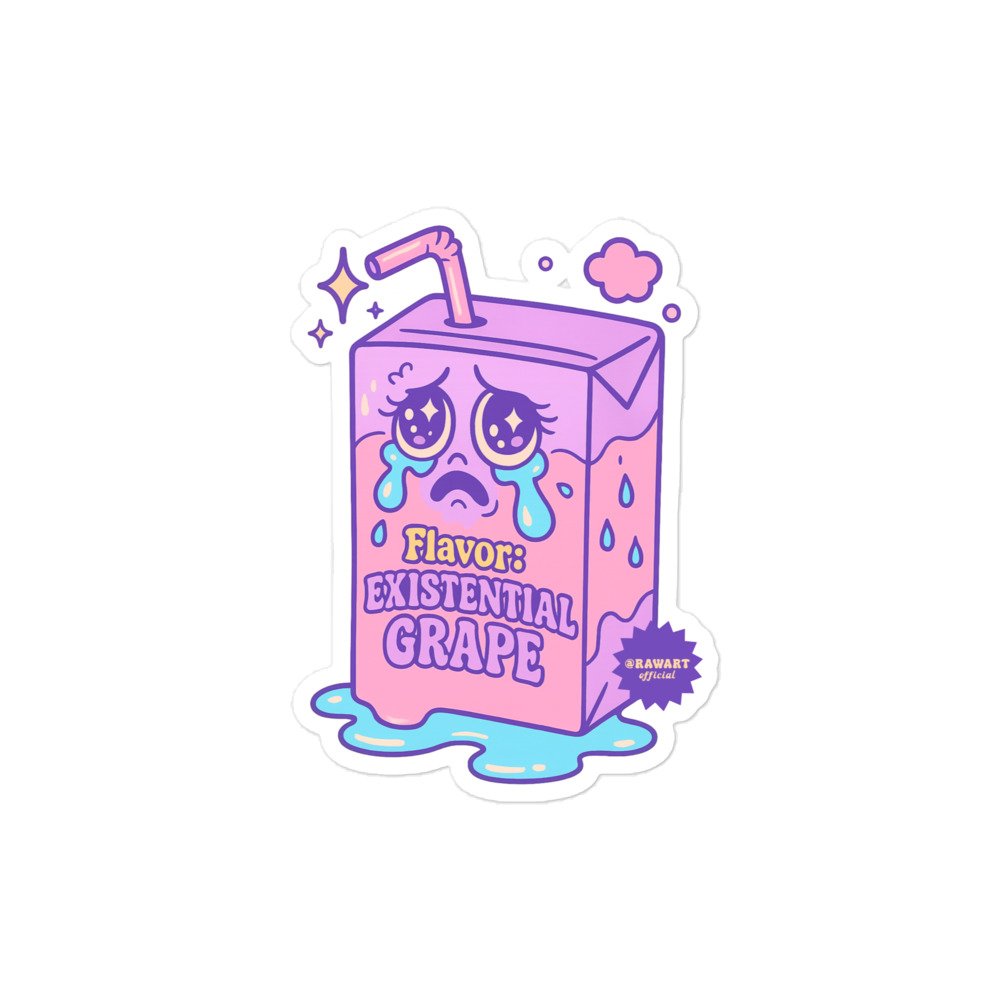 Purple and pink juice box cartoon with sparkly eyes and tears, labeled “Flavor: Existential Grape.” Retro pastel Y2K vibes.
