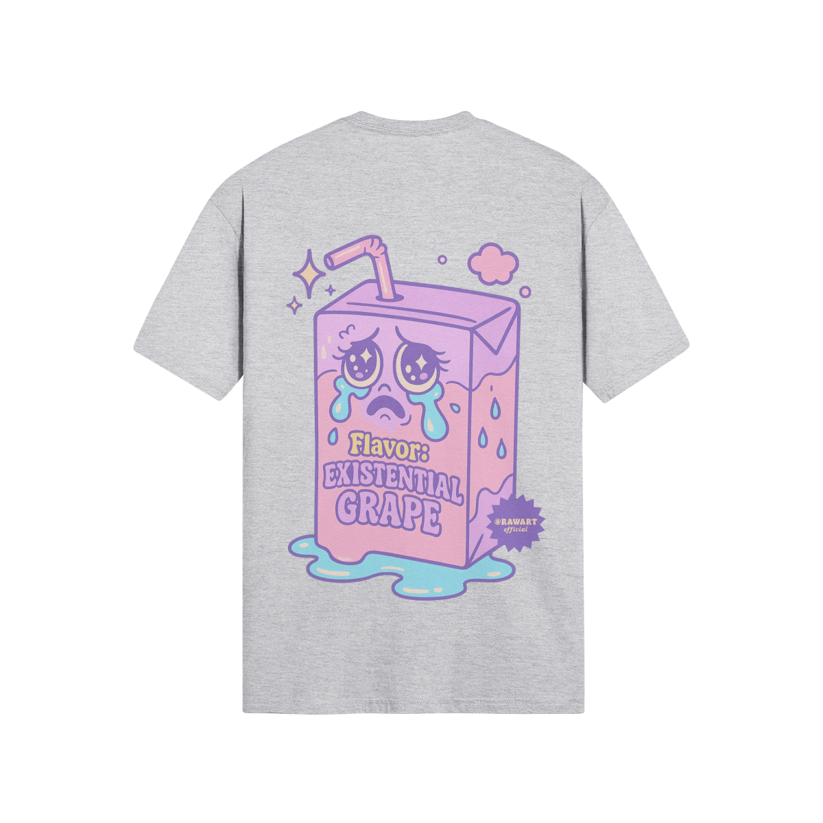 Gray short sleeve t-shirt with a pastel crying juice box and text reading “Flavor: Existential Grape.” Purple and pink Y2K cartoon style.
