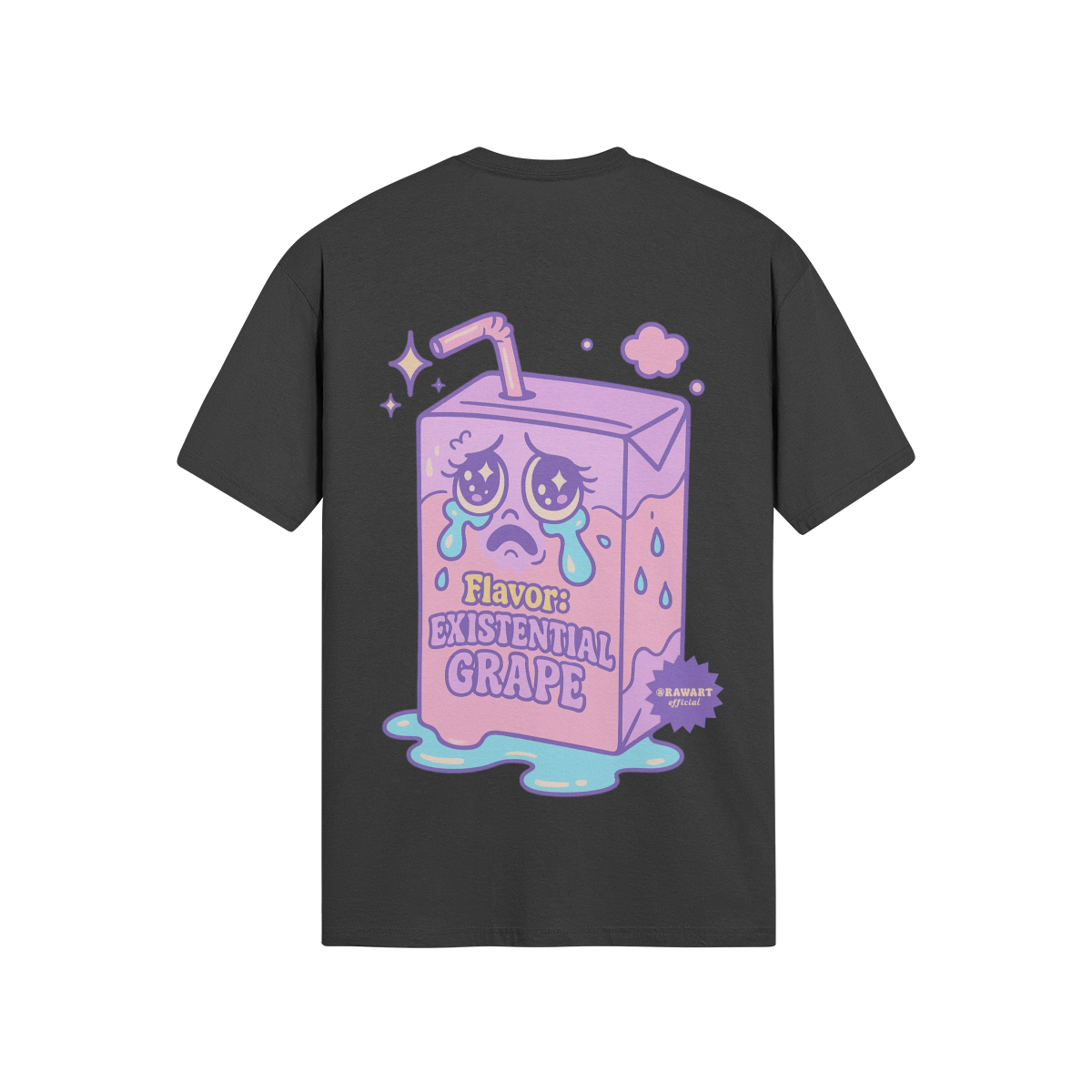 Black short sleeve t-shirt with a pastel crying juice box and text reading “Flavor: Existential Grape.” Purple and pink Y2K cartoon style.