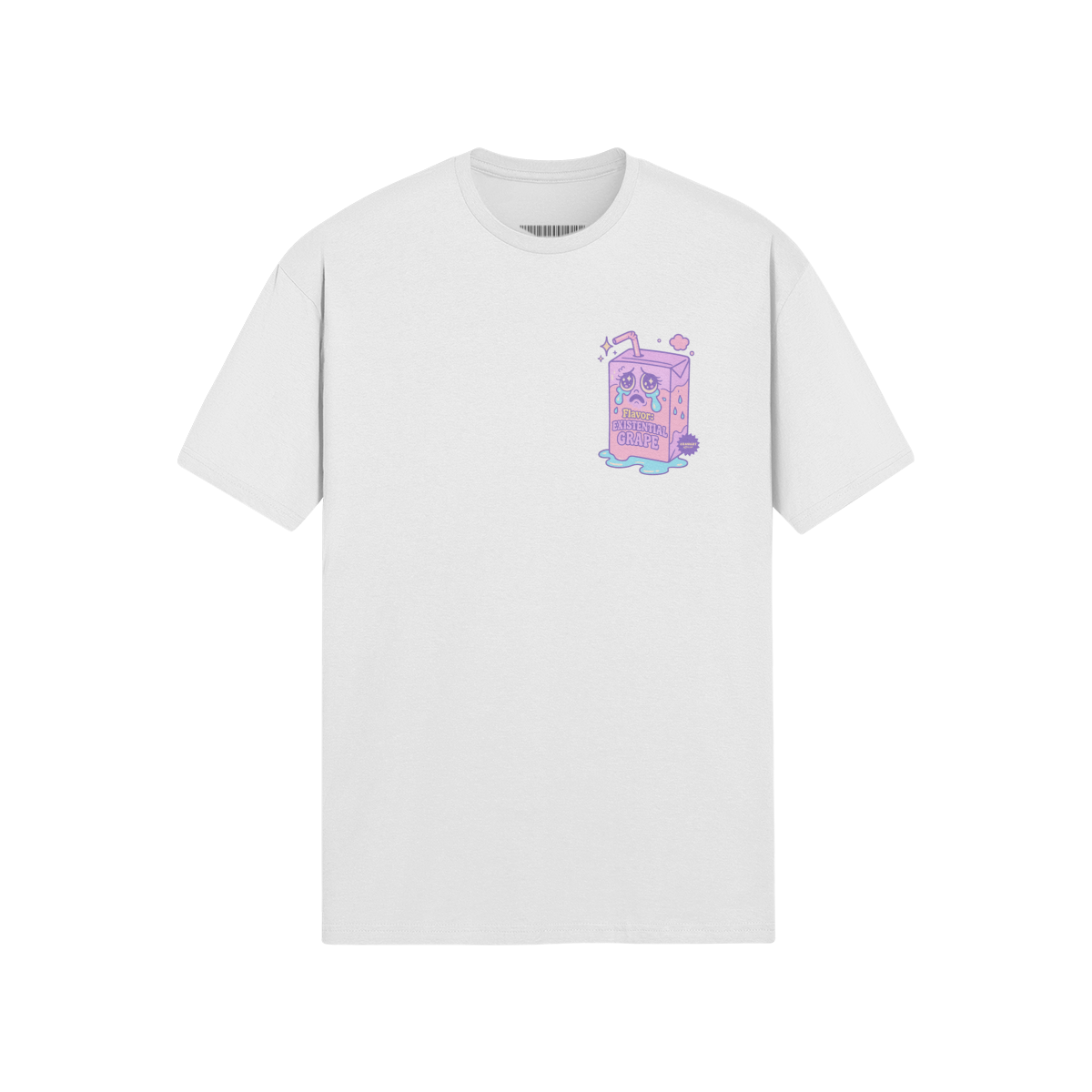 White short sleeve t-shirt with a pastel crying juice box and text reading “Flavor: Existential Grape.” Purple and pink Y2K cartoon style.