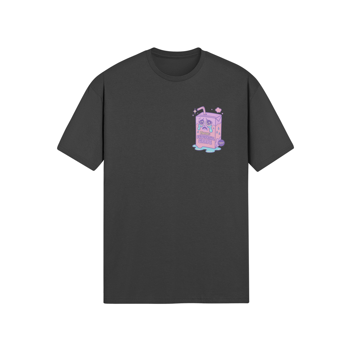 Black short sleeve t-shirt with a pastel crying juice box and text reading “Flavor: Existential Grape.” Purple and pink Y2K cartoon style.