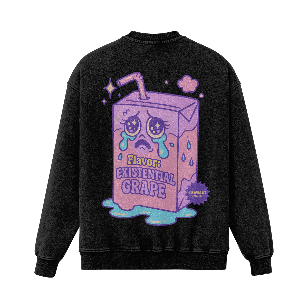 Black oversized crewneck sweatshirt featuring a pastel crying juice box with the text “Flavor: Existential Grape.” Y2K cartoon vibes in purple and pink.