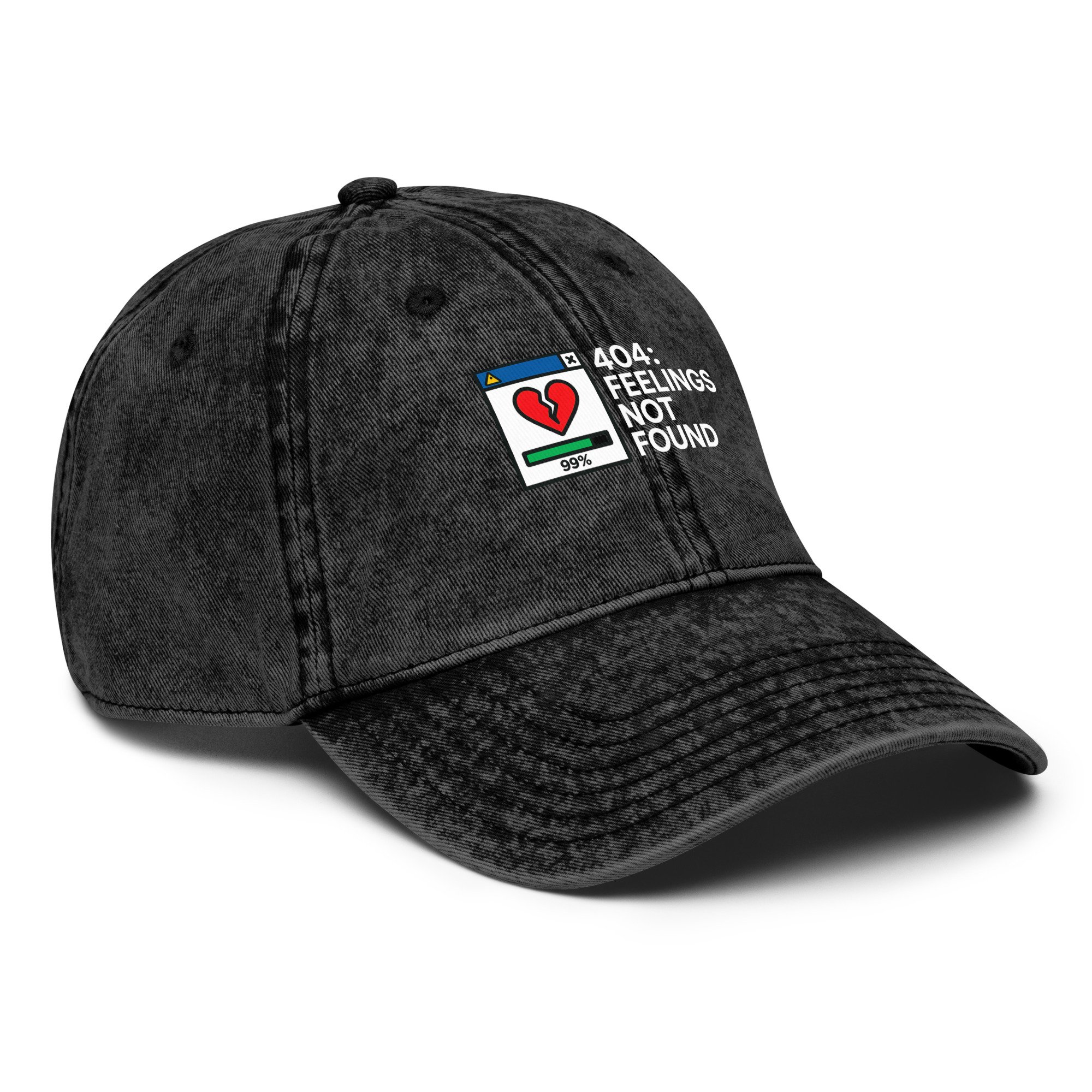 Washed cotton dad hat with embroidered pixel art of a broken heart and “404: Feelings Not Found” error message.