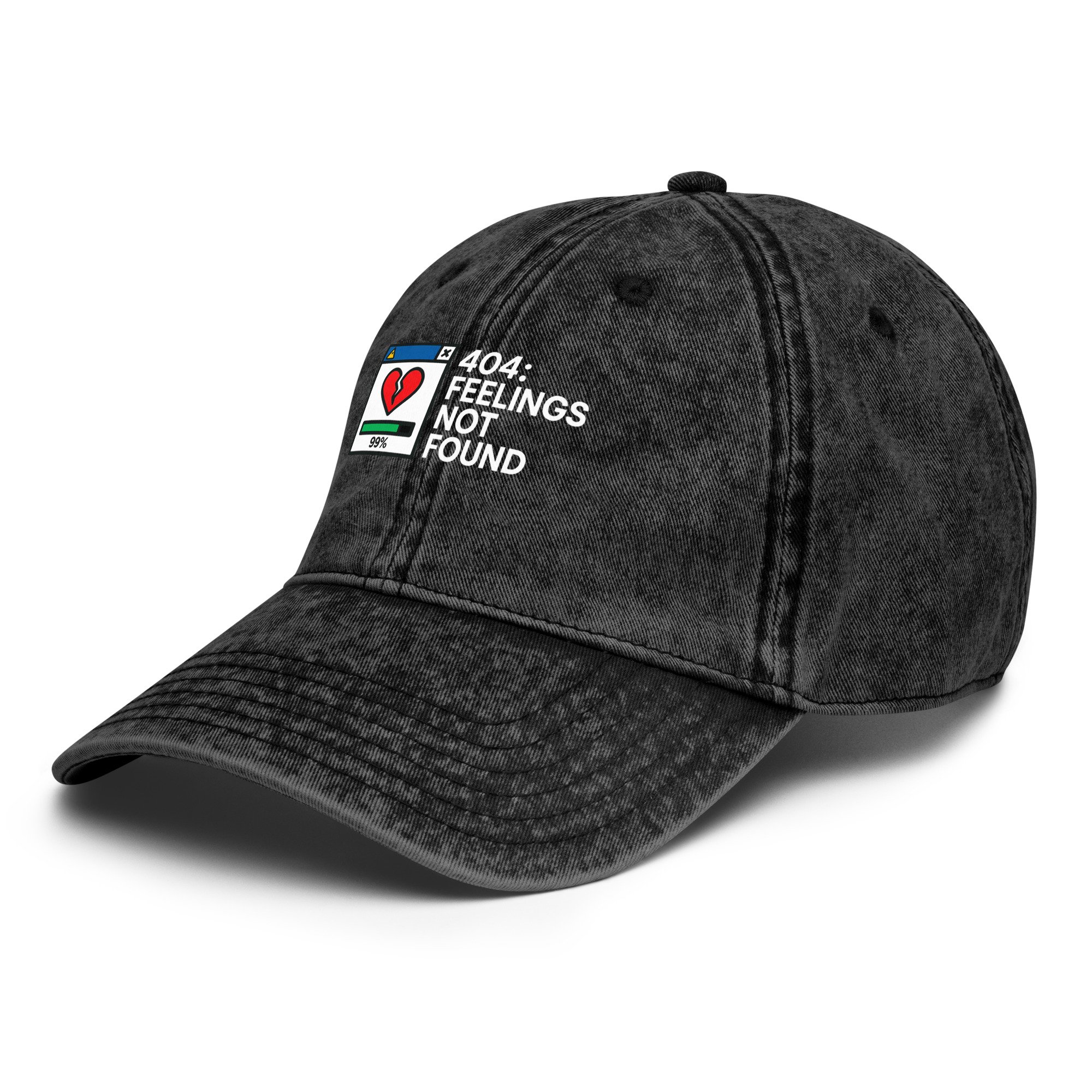 Washed cotton dad hat with embroidered pixel art of a broken heart and “404: Feelings Not Found” error message.