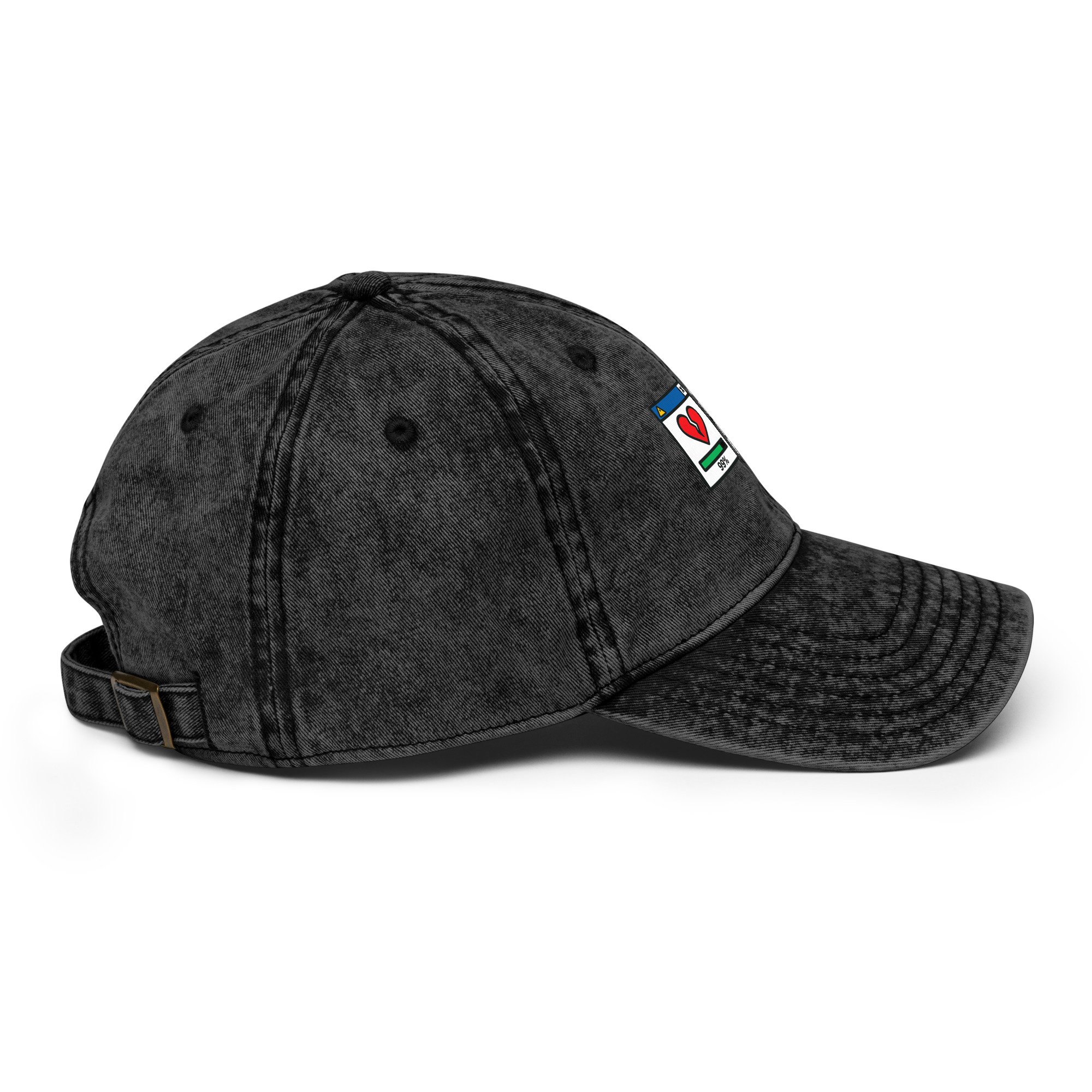 Washed cotton dad hat with embroidered pixel art of a broken heart and “404: Feelings Not Found” error message.
