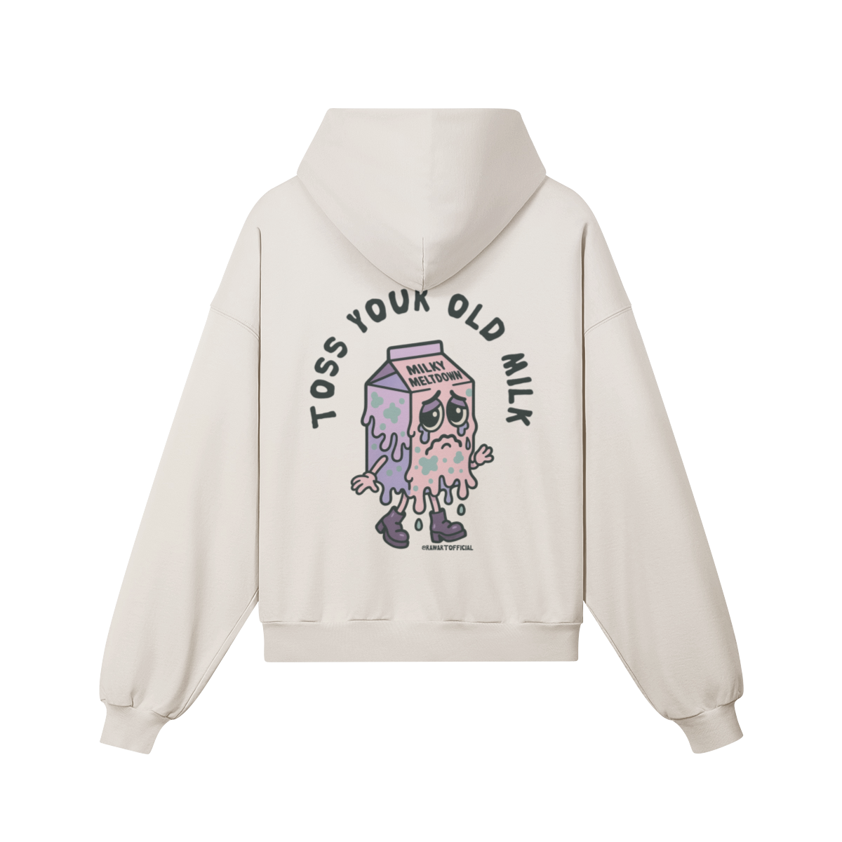 Sad cartoon milk carton having a meltdown, with text “Toss Your Old Milk” on the back of a boxy beige hoodie.