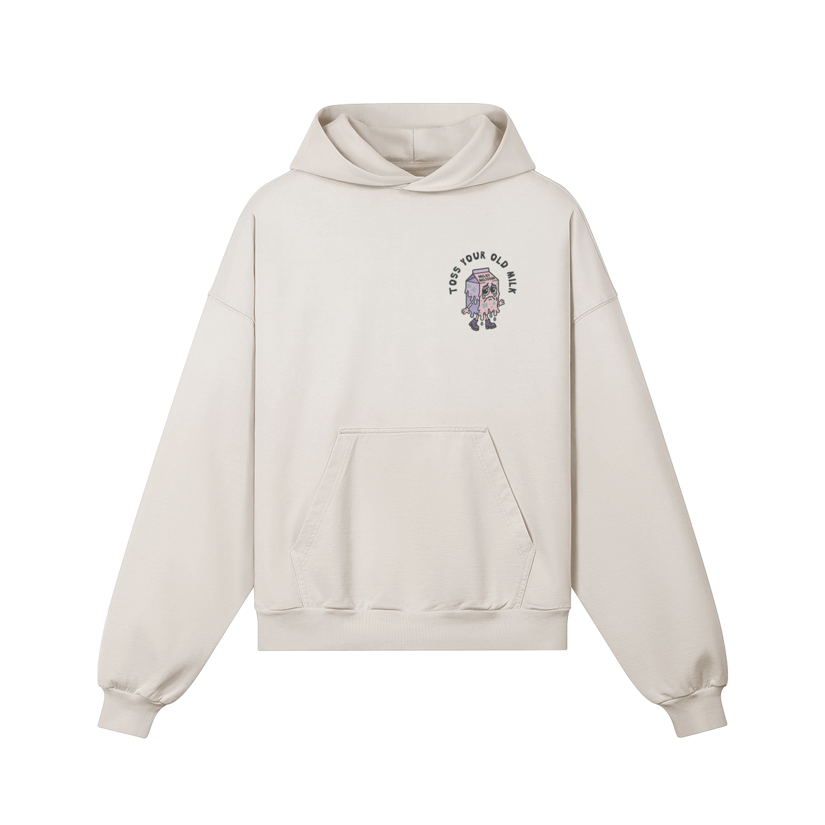 Sad cartoon milk carton having a meltdown, with text “Toss Your Old Milk” on the back of a boxy beige hoodie.