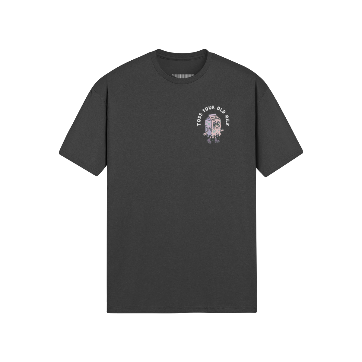 Cartoon milk carton having a meltdown with “Toss Your Old Milk” on the back of a soft black unisex t-shirt.