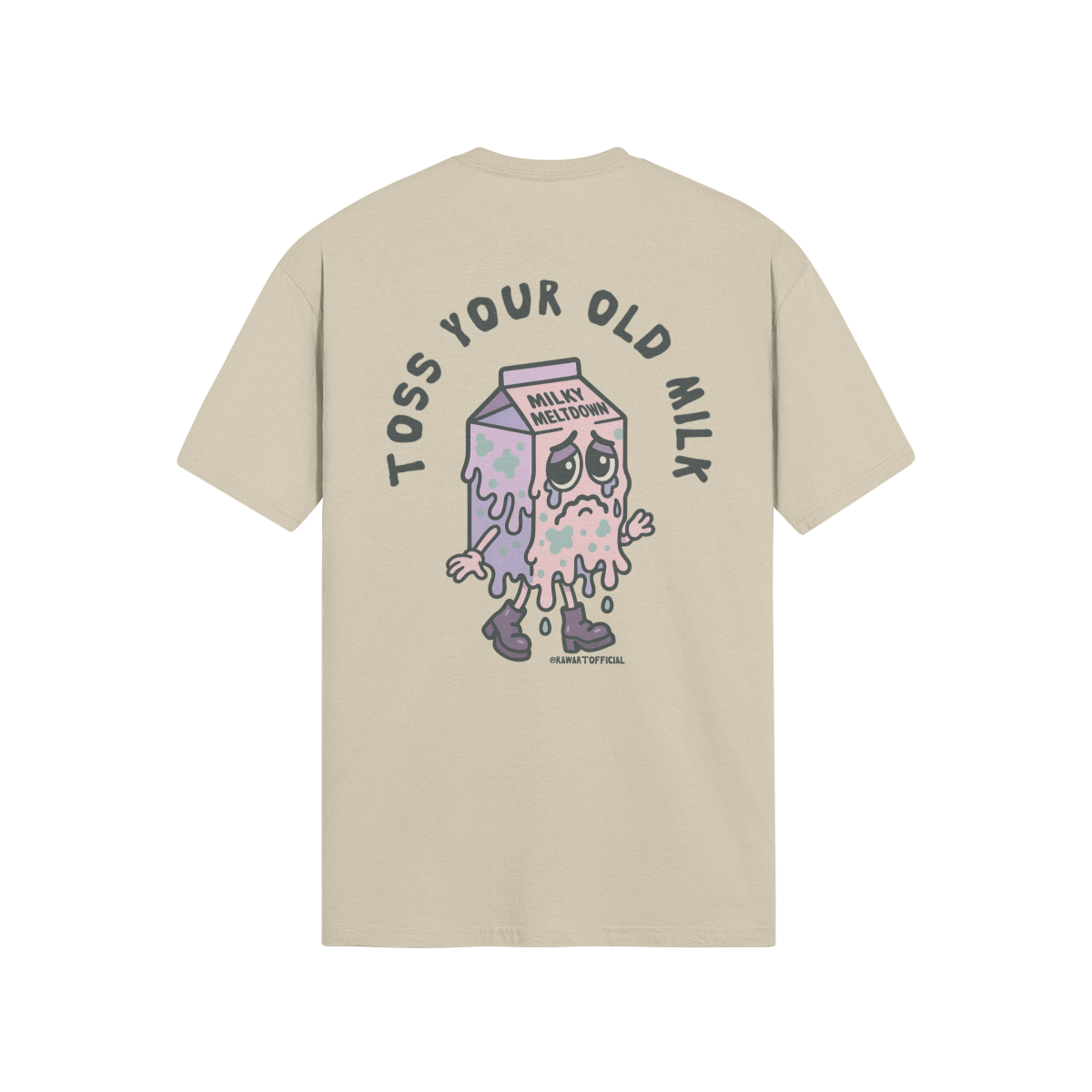 Beige unisex t-shirt featuring a sad cartoon milk carton with the phrase “Toss Your Old Milk” arched above it in bold letters.