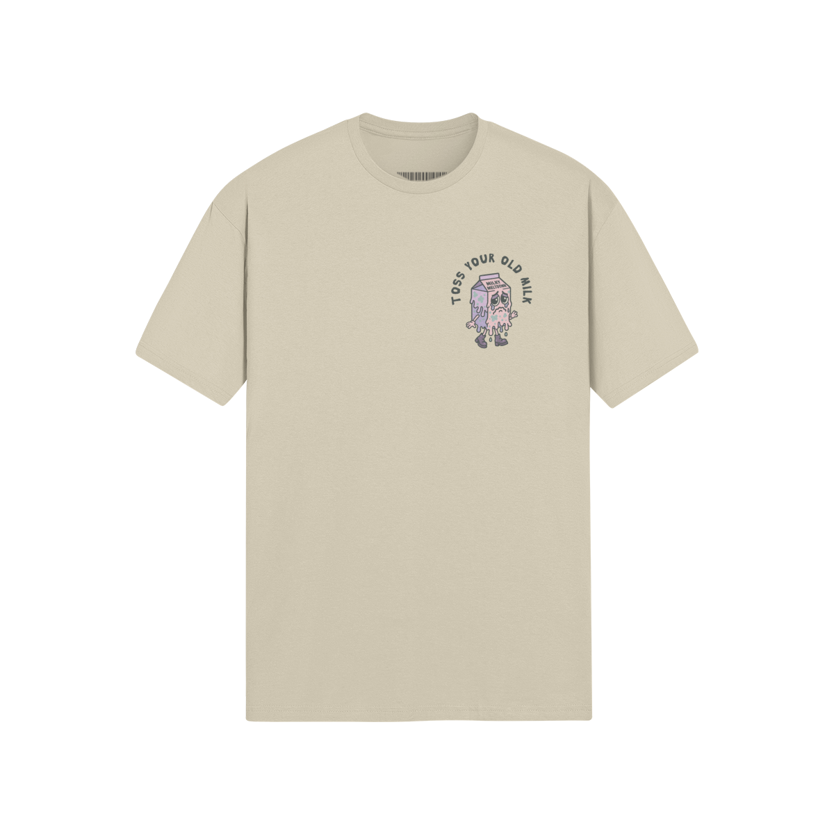 Beige unisex t-shirt featuring a sad cartoon milk carton with the phrase “Toss Your Old Milk” arched above it in bold letters.