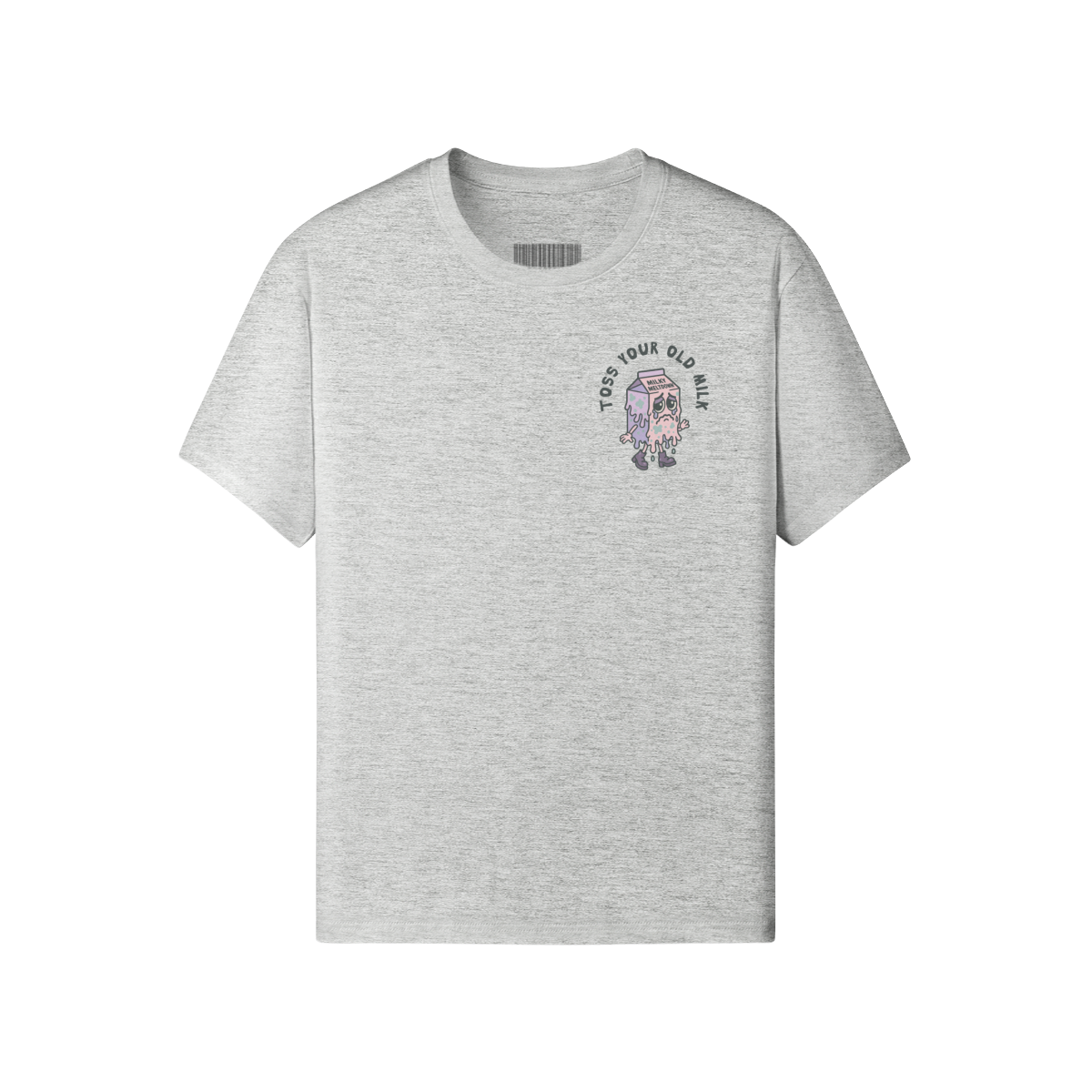 Gray classic t-shirt with a cartoon milk carton melting down, surrounded by the phrase “Toss Your Old Milk” in bold lettering.