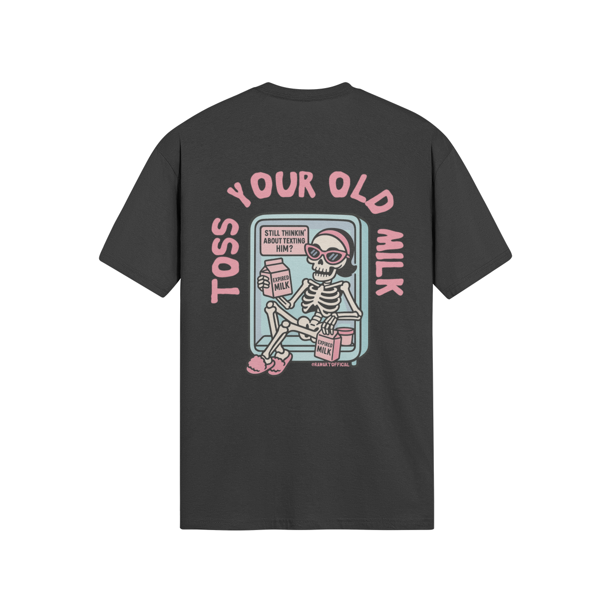 Alt Text for Squarespace: Black t-shirt with a pink and teal cartoon skeleton lounging in a fridge with expired milk cartons. Text reads “Toss Your Old Milk” in bold pastel bubble letters.