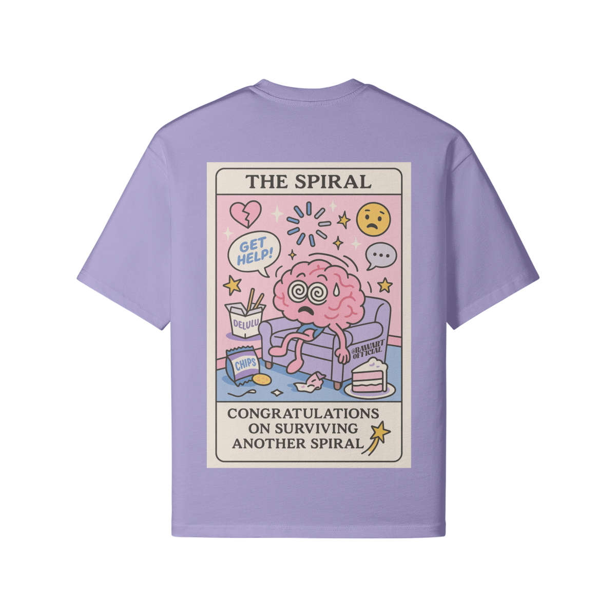 Lavender boxy t-shirt with cartoon brain character spiraling on a couch. Includes stars, snacks, and the phrase: âCongratulations on Surviving Another Spiral.â