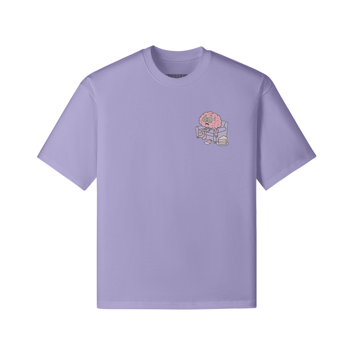 Lavender boxy t-shirt with cartoon brain character spiraling on a couch. Includes stars, snacks, and the phrase: âCongratulations on Surviving Another Spiral.â