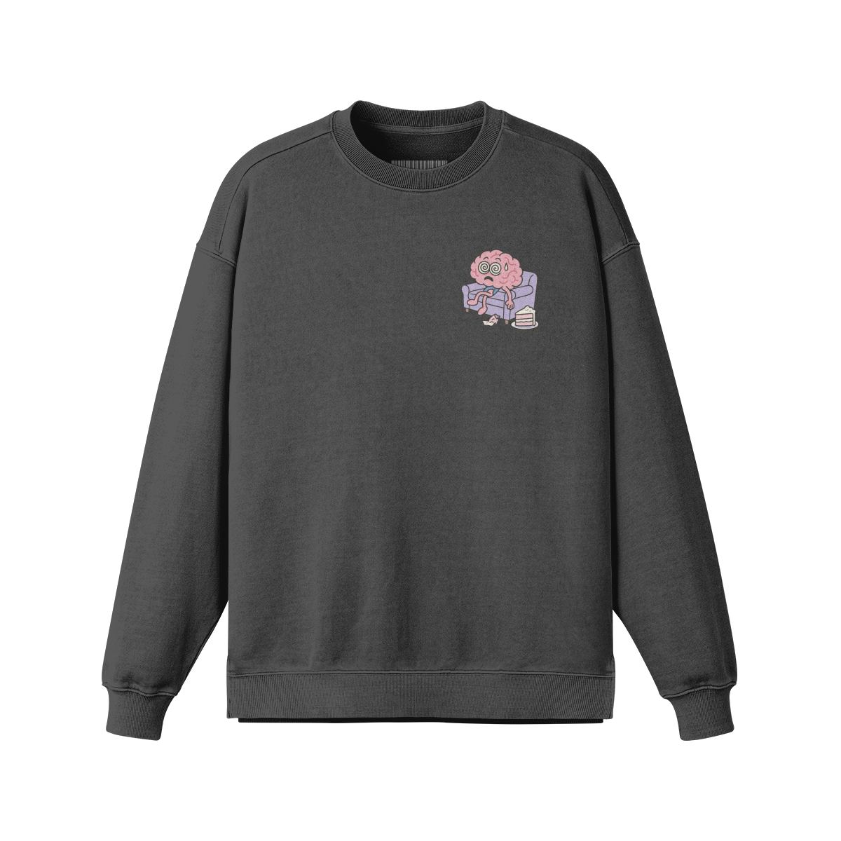 Black oversized sweatshirt with a retro tarot-style design of a dizzy brain on a couch surrounded by snacks. Caption: “Congratulations on Surviving Another Spiral.”