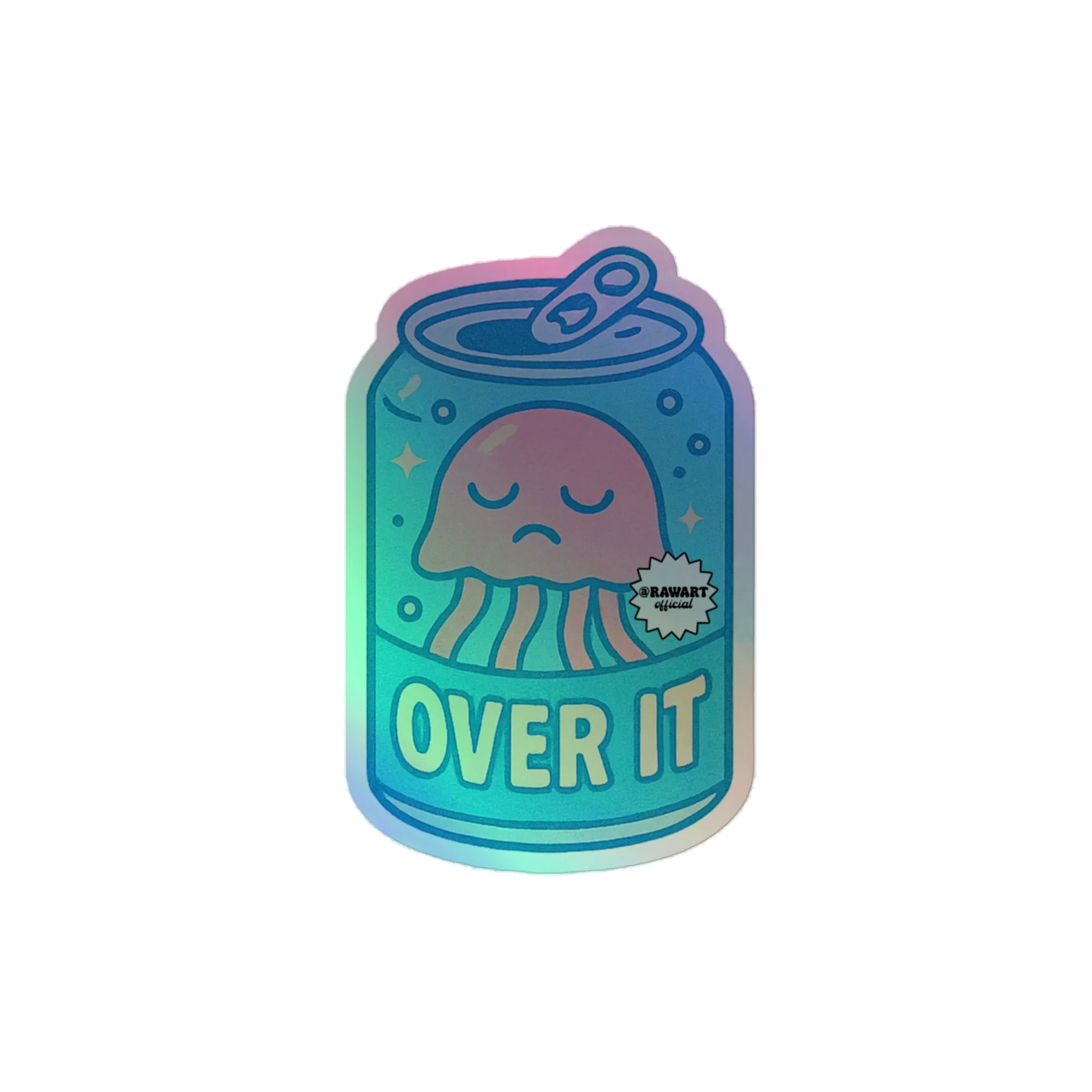 Holographic sticker of a sad jellyfish in a soda can with “Over It” text