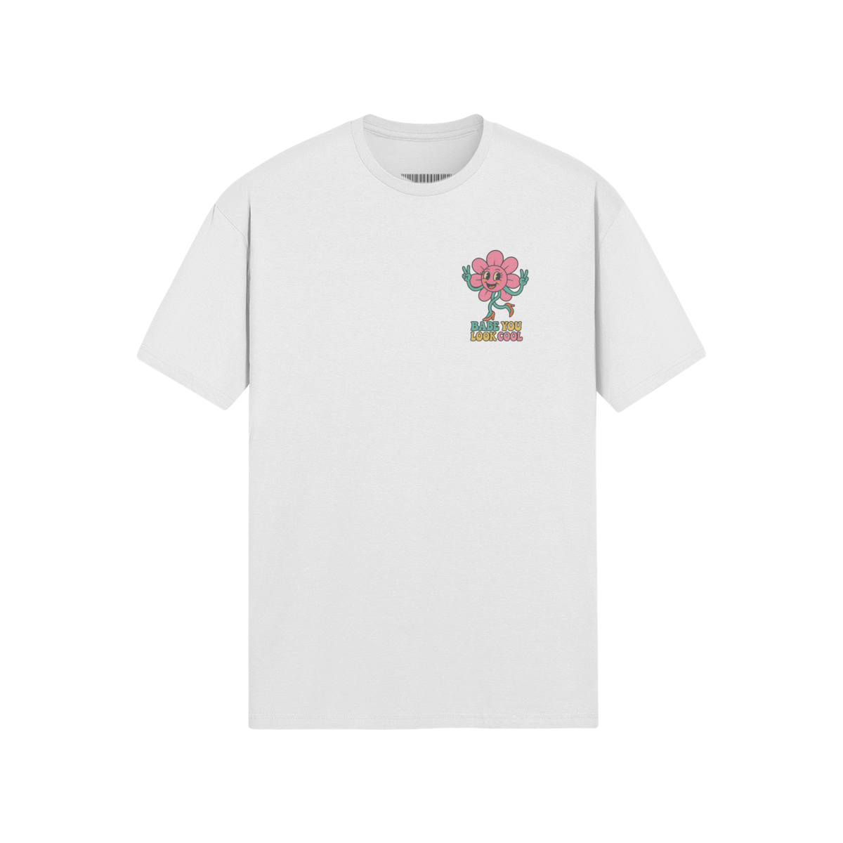 White oversized tee with pink retro flower and “Babe You Look Cool” text