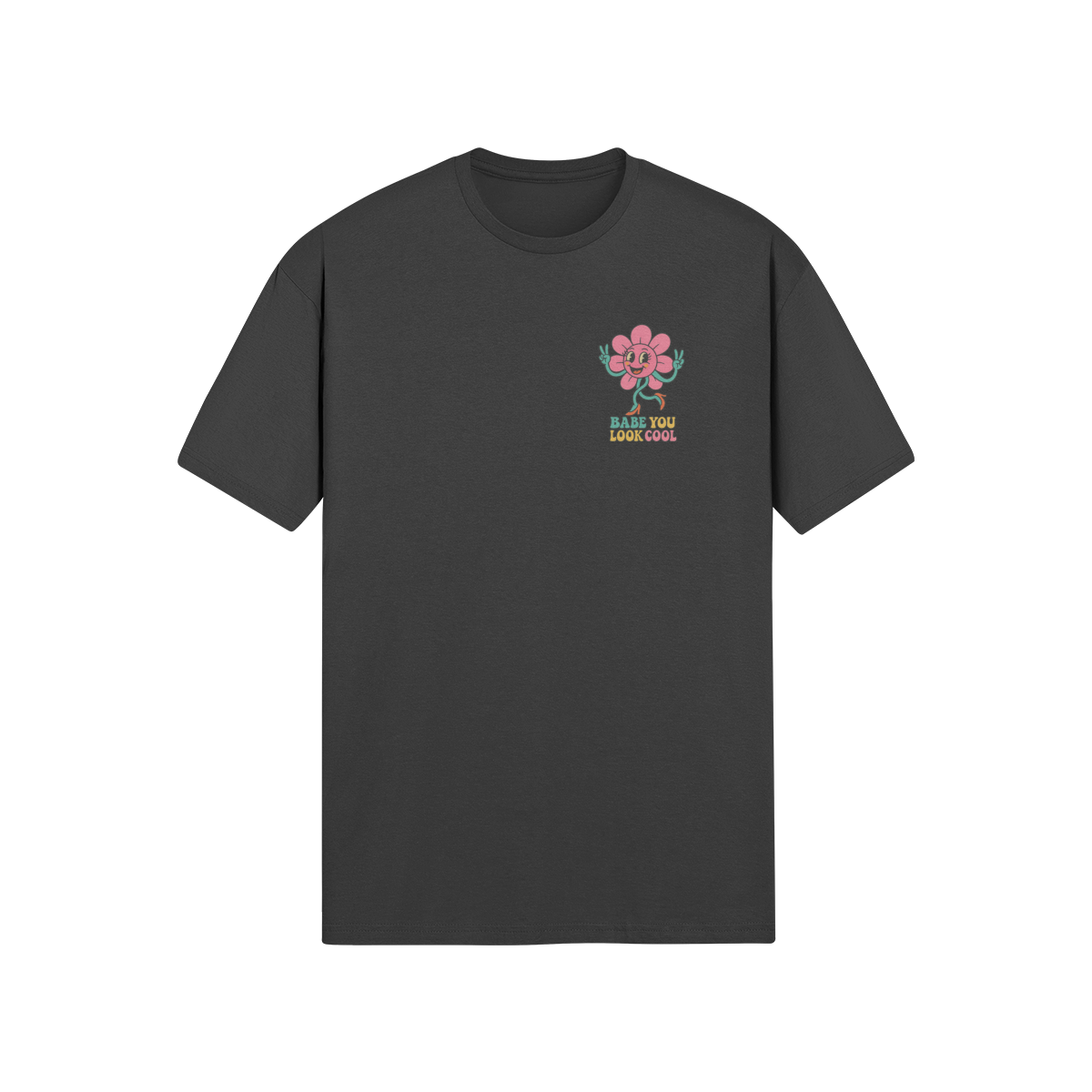 White oversized tee with pink retro flower and “Babe You Look Cool” text