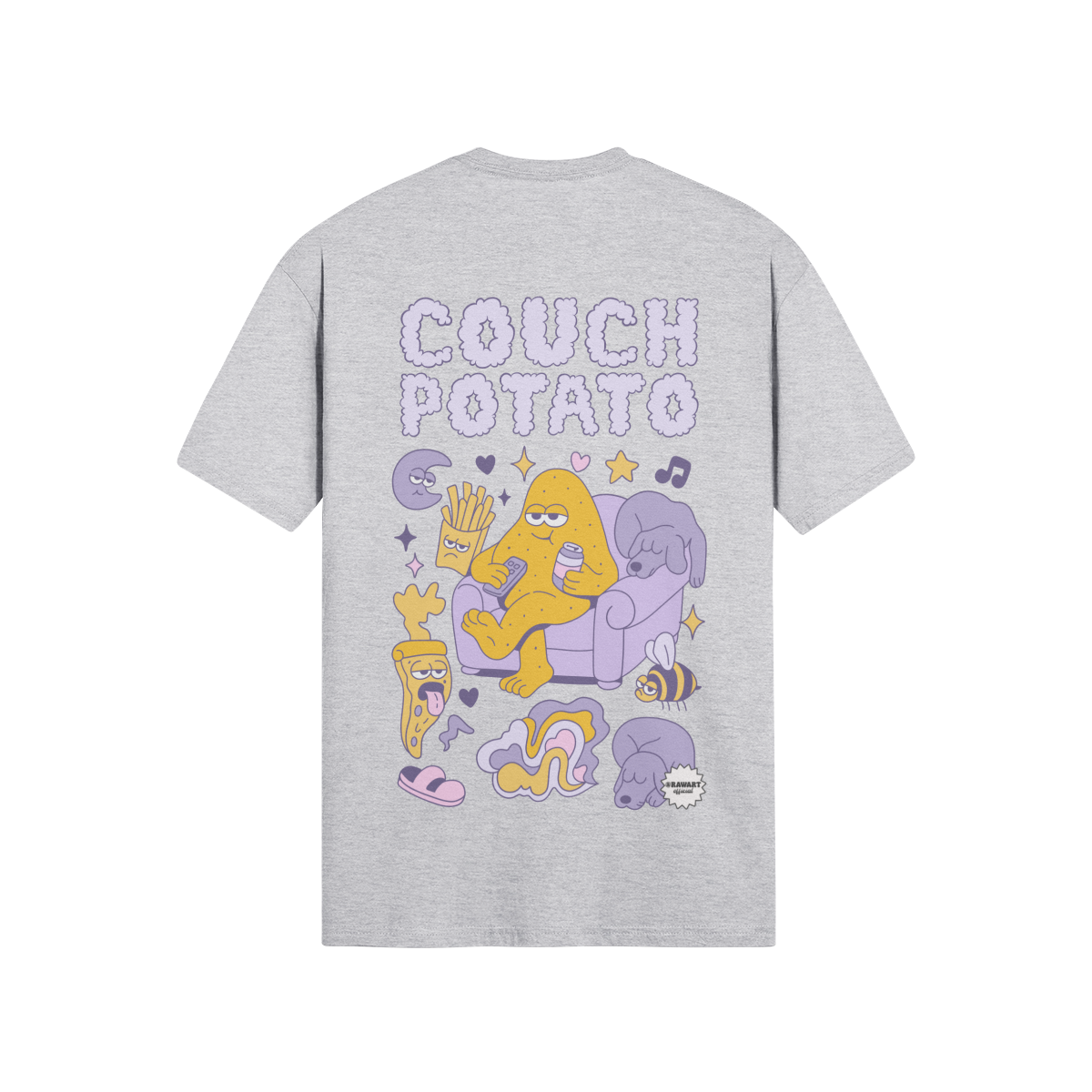 Retro cartoon couch potato t-shirt with snacks and cozy vibes.