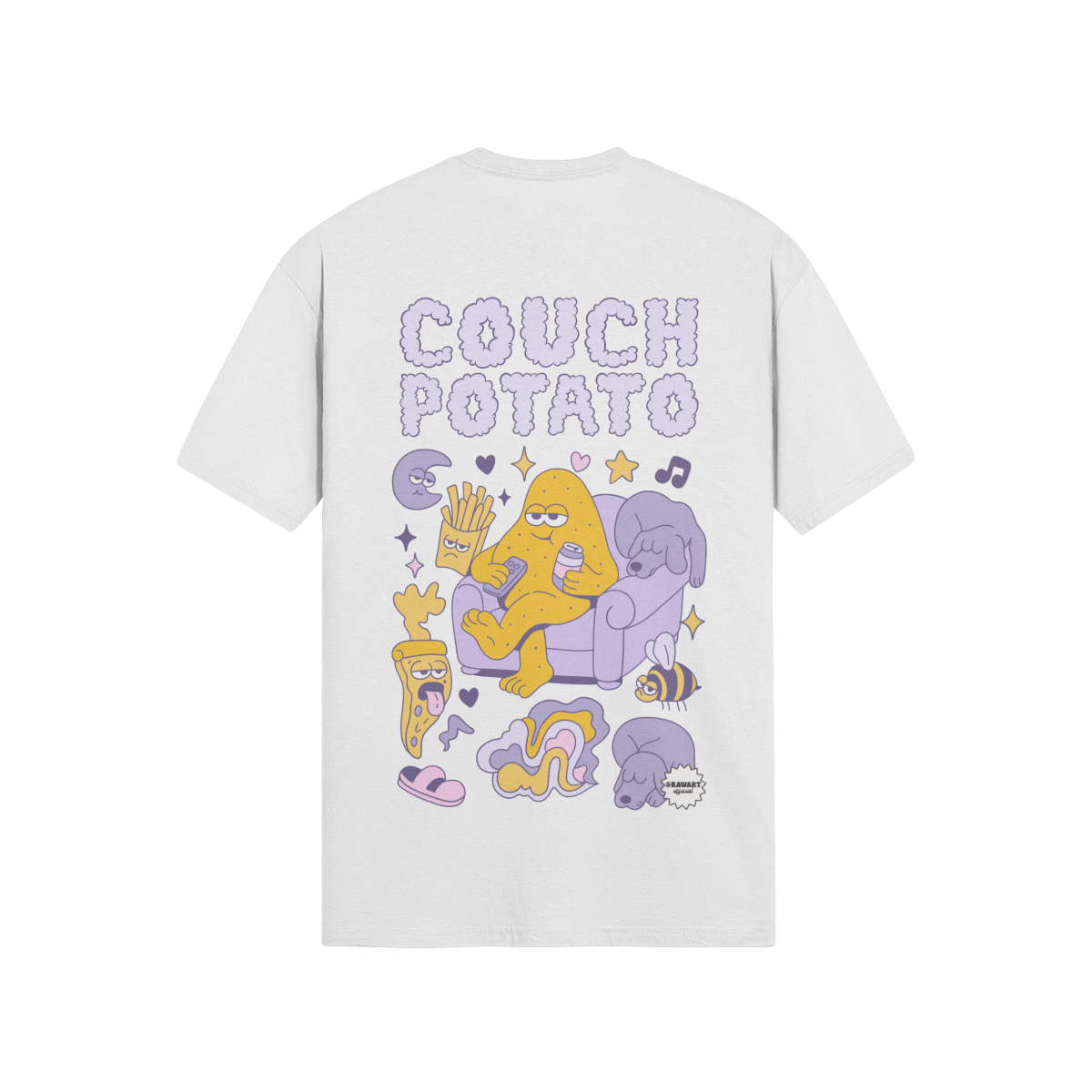 Retro cartoon couch potato t-shirt with snacks and cozy vibes.