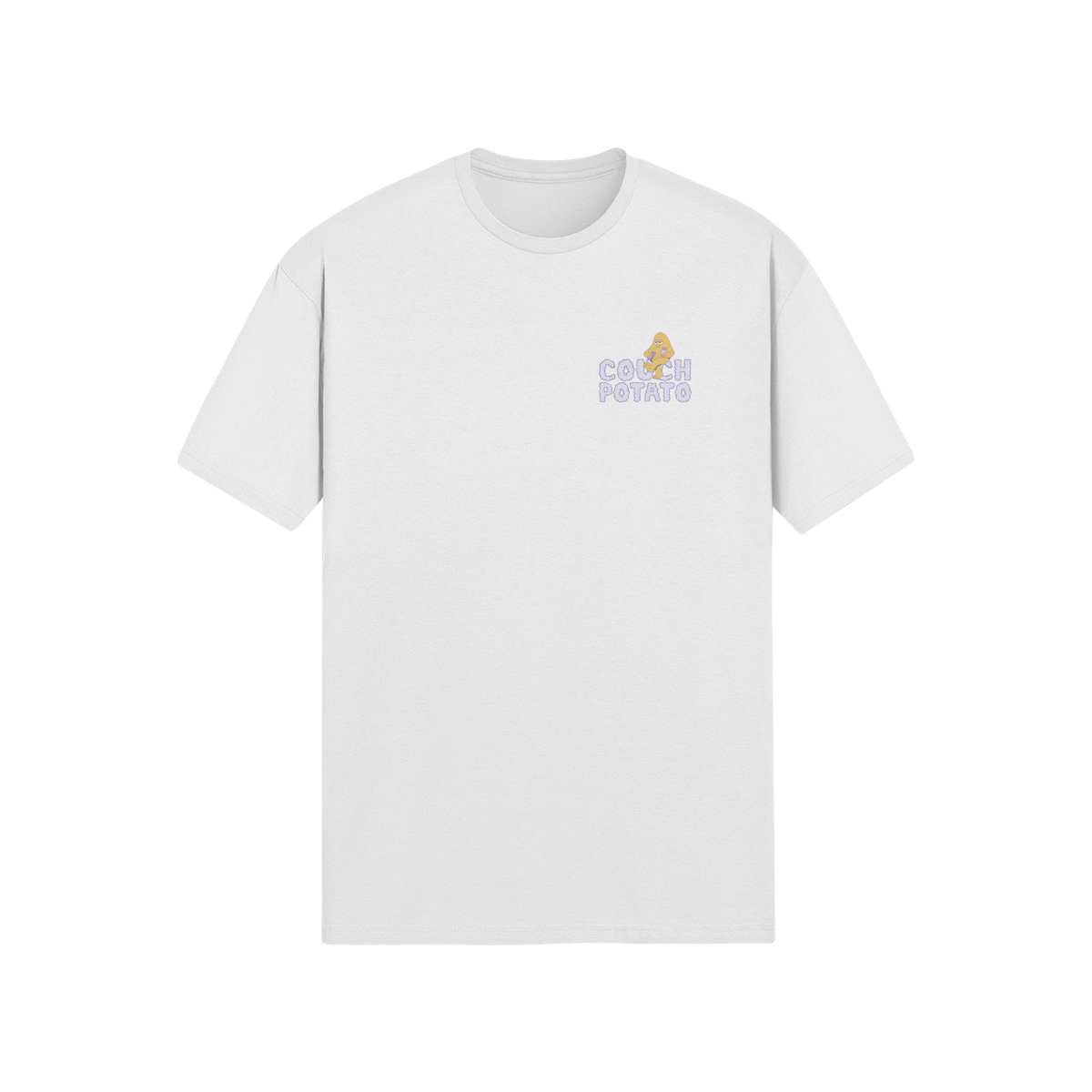 Retro cartoon couch potato t-shirt with snacks and cozy vibes.