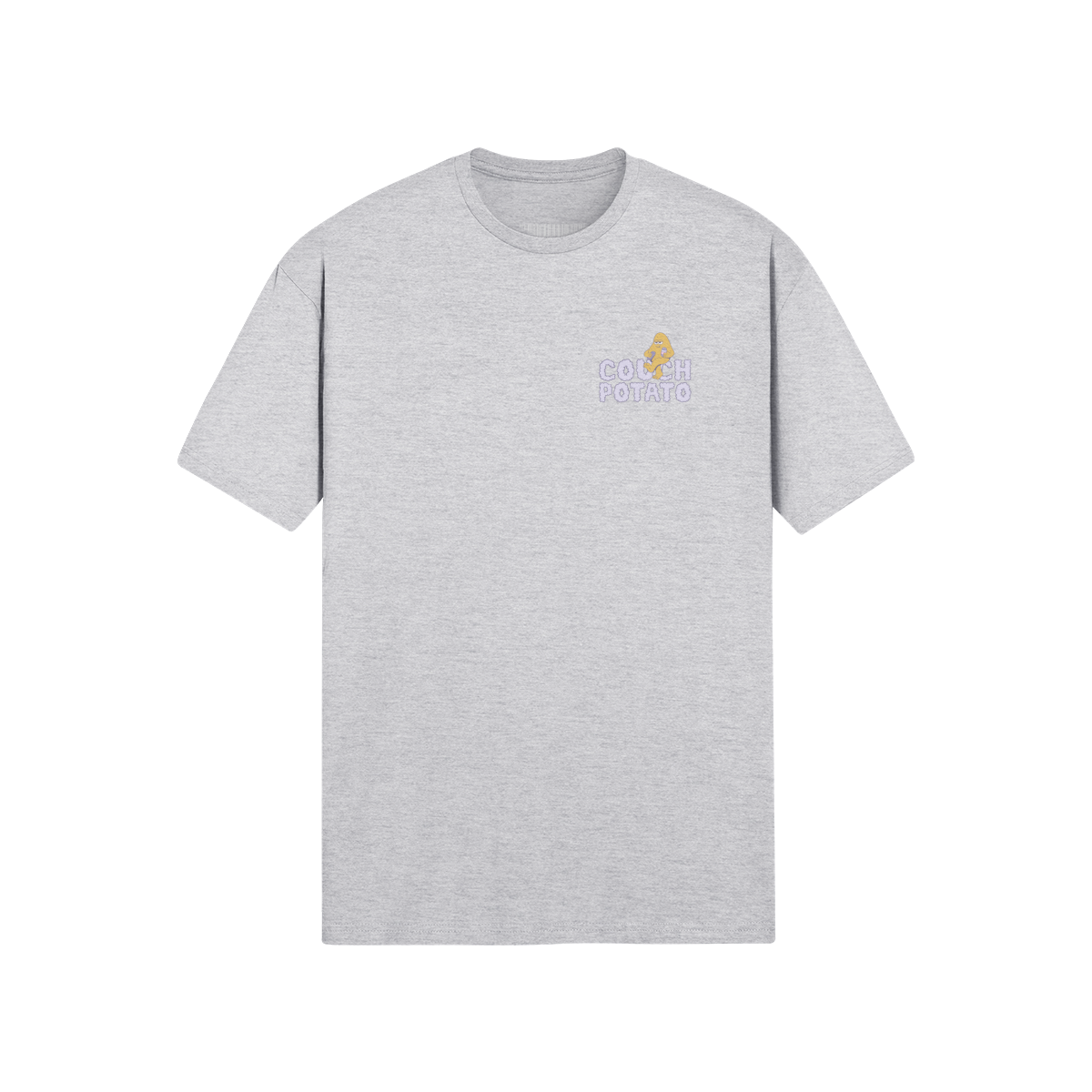 Retro cartoon couch potato t-shirt with snacks and cozy vibes.