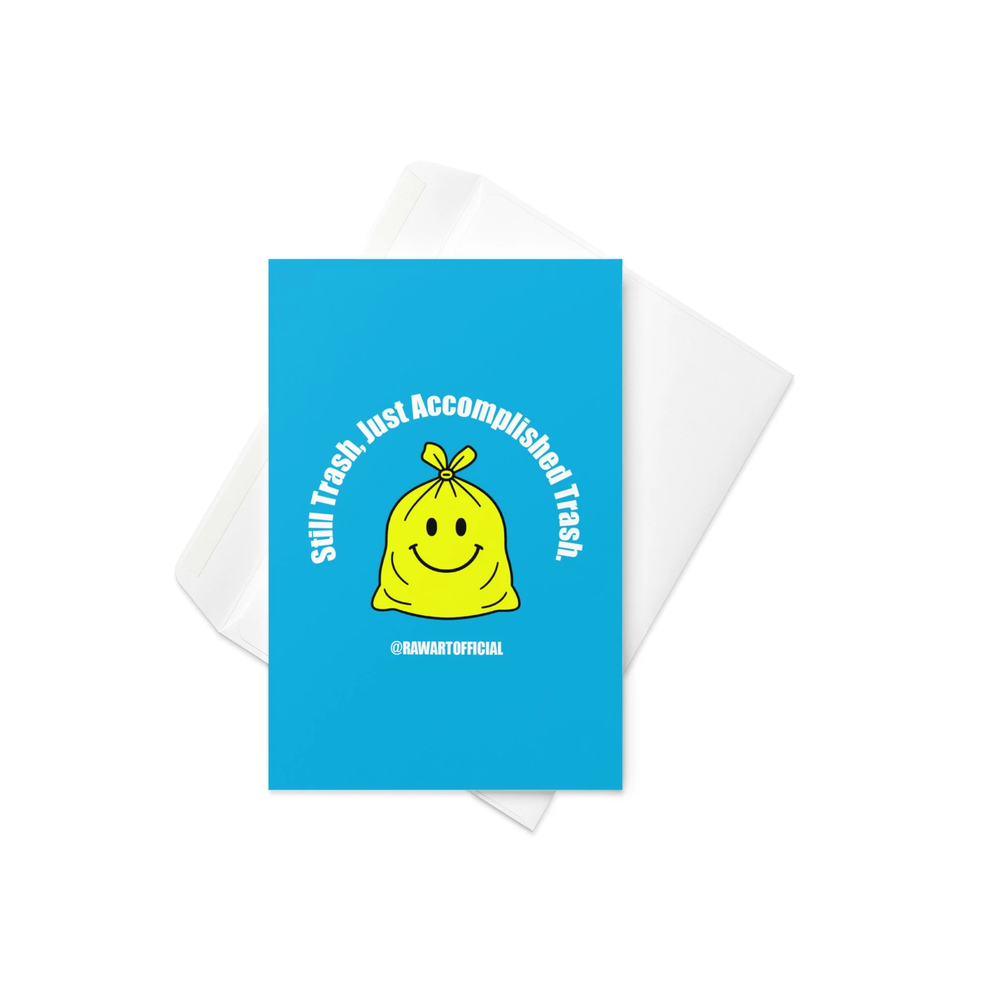 Retro funny trash bag greeting card with smiley and bold glow-up design