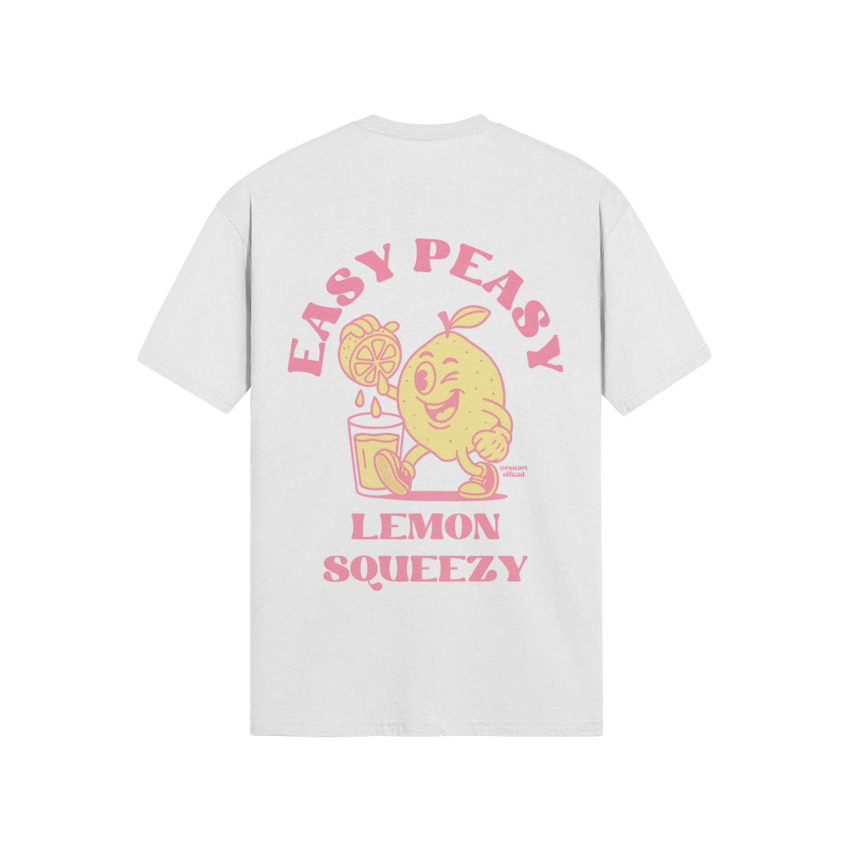 Cartoon lemon squeezing juice with retro pink text “Easy Peasy Lemon Squeezy”