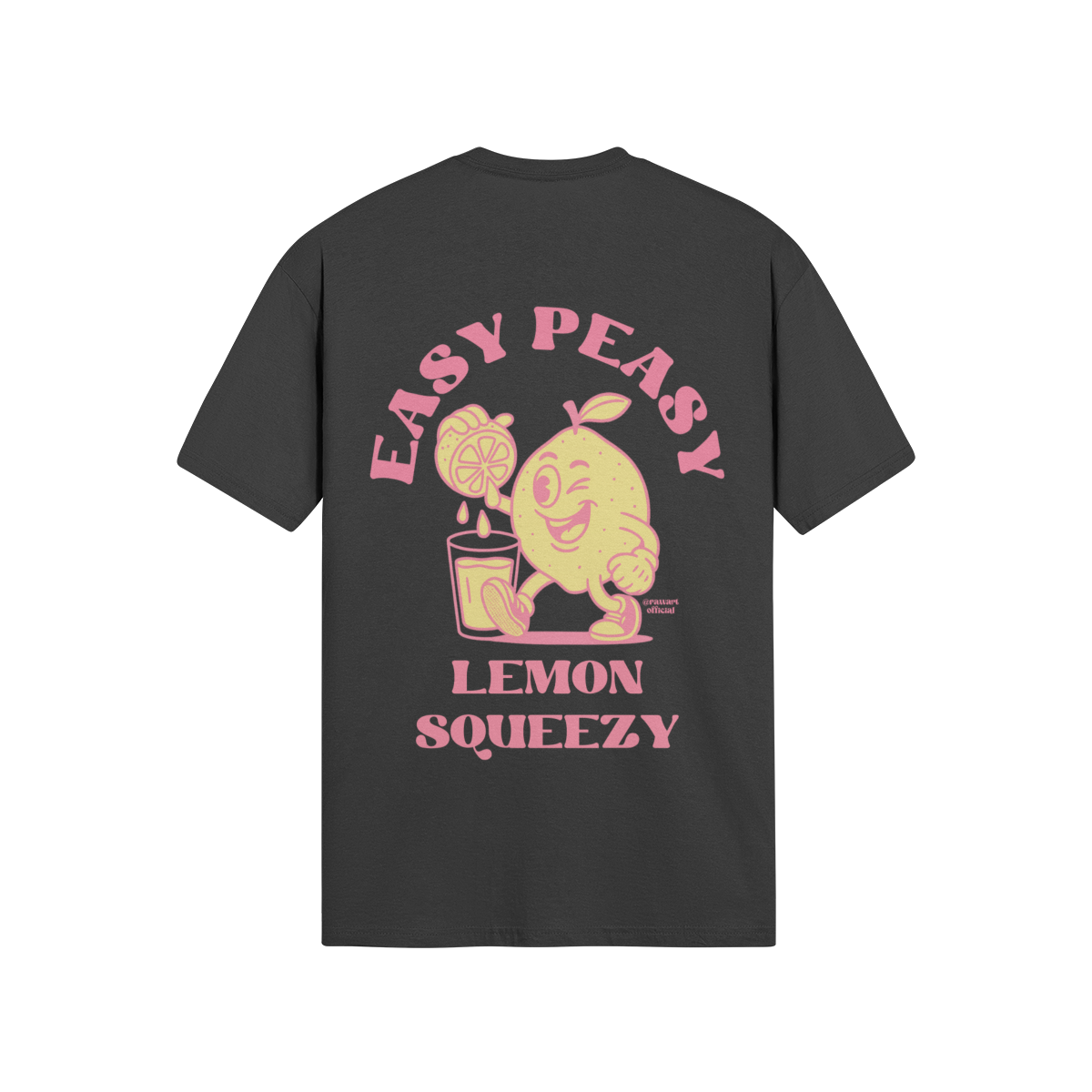 Cartoon lemon squeezing juice with retro pink text “Easy Peasy Lemon Squeezy”
