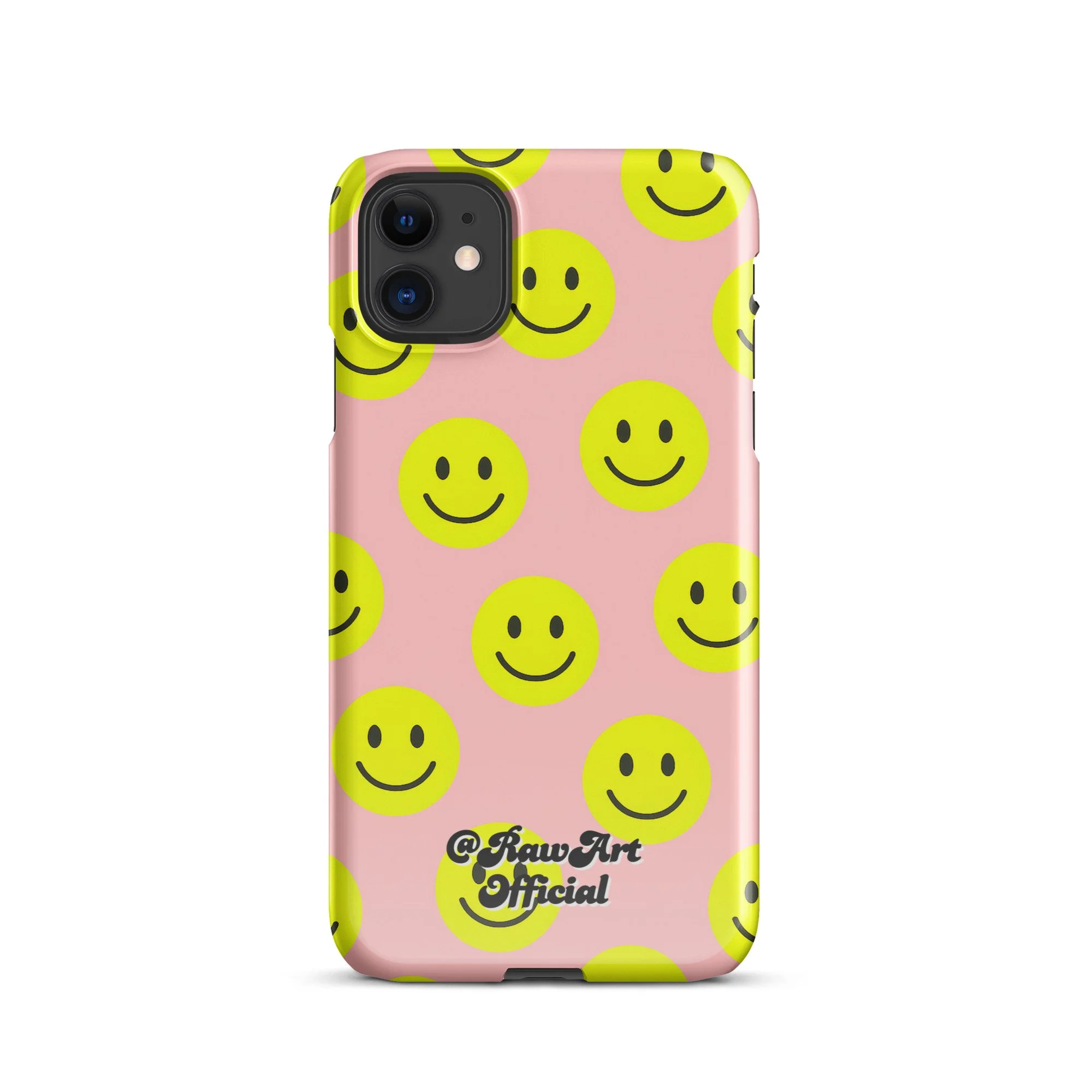 Pink iPhone case with yellow smiley face pattern, retro fun design.