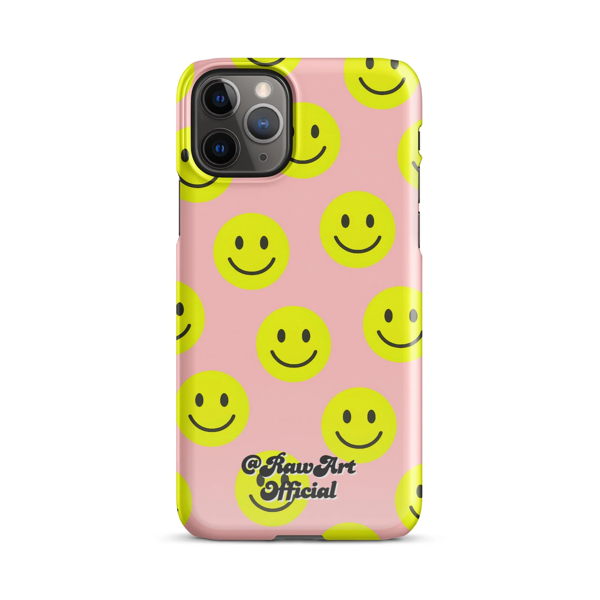 Pink iPhone case with yellow smiley face pattern, retro fun design.