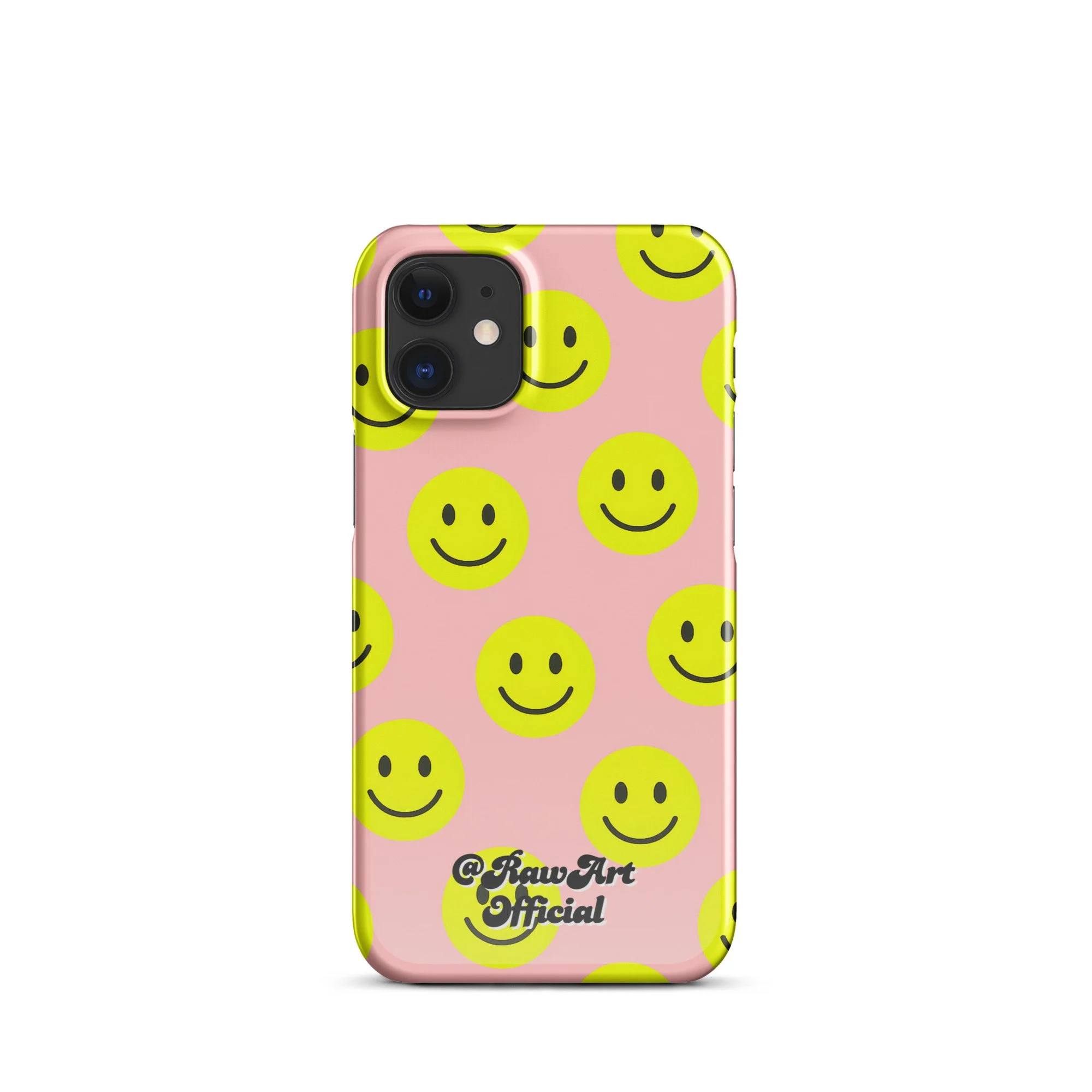 Pink iPhone case with yellow smiley face pattern, retro fun design.