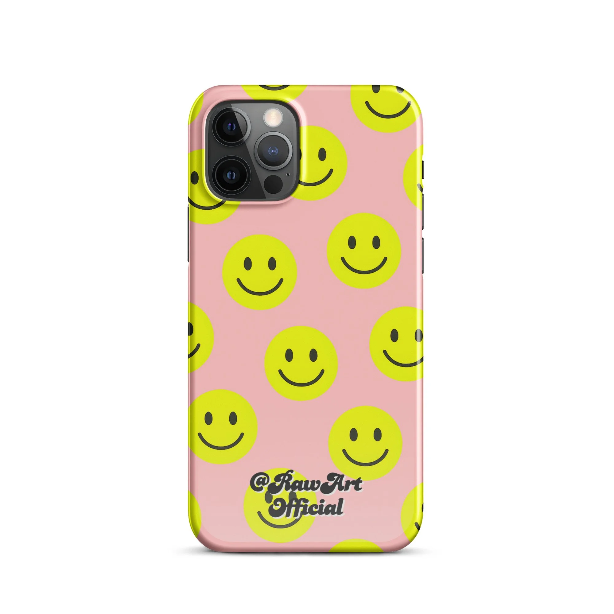 Pink iPhone case with yellow smiley face pattern, retro fun design.