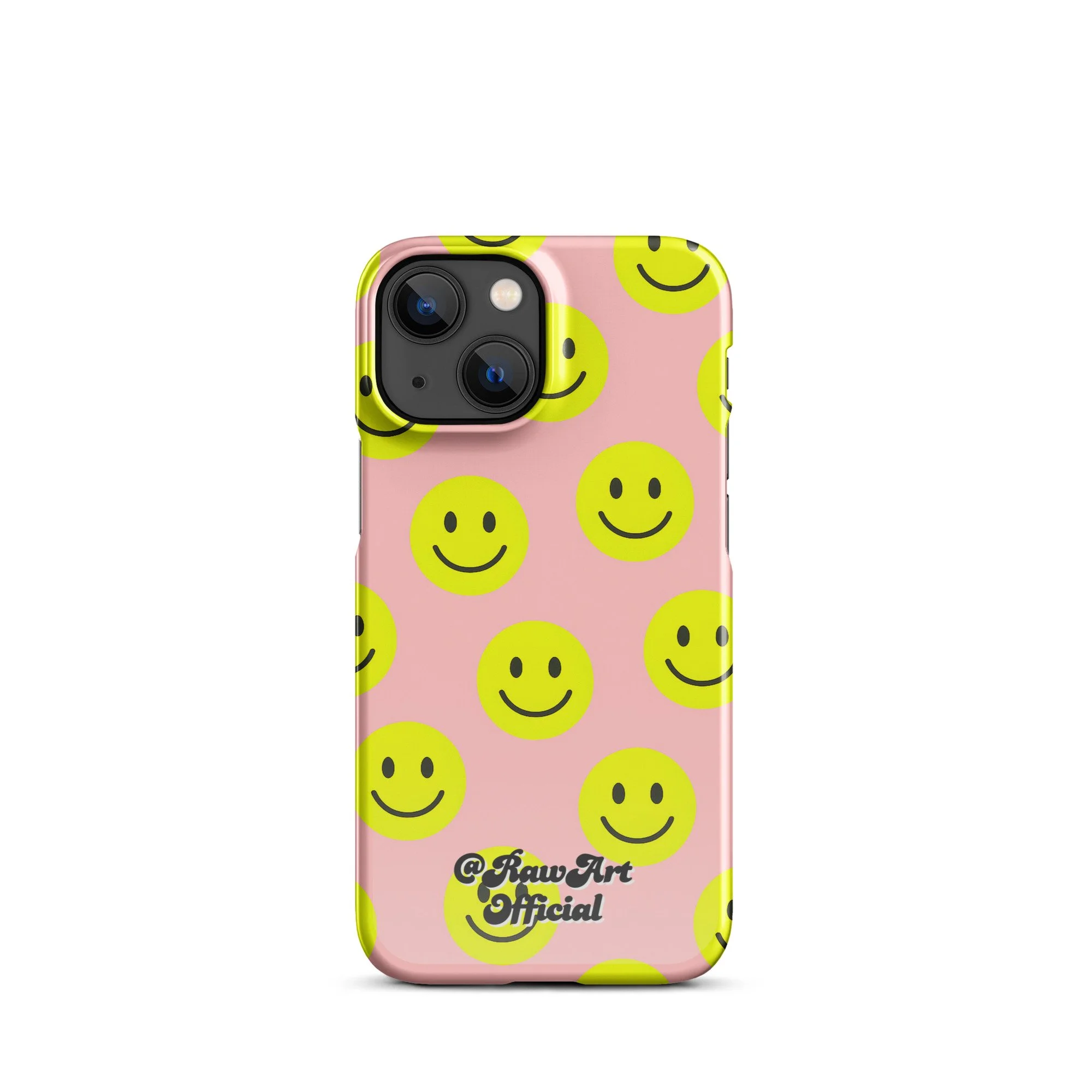 Pink iPhone case with yellow smiley face pattern, retro fun design.