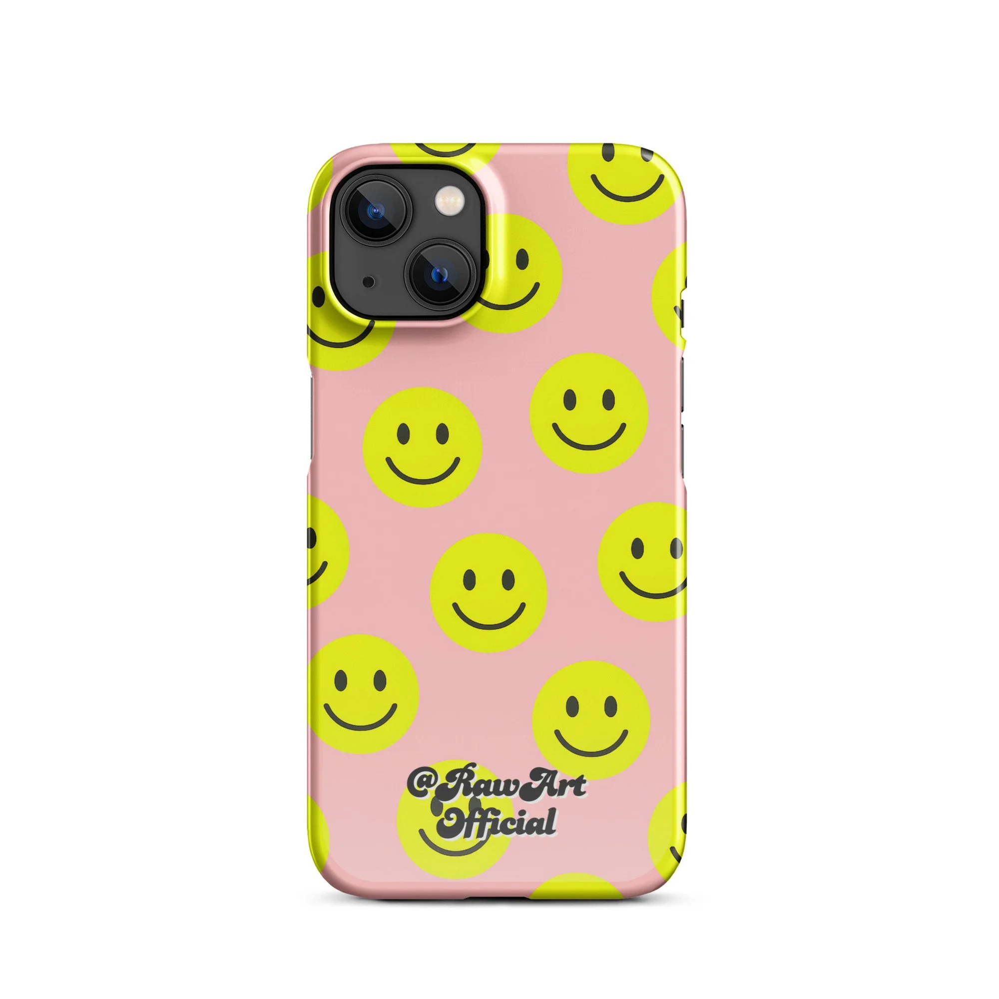 Pink iPhone case with yellow smiley face pattern, retro fun design.