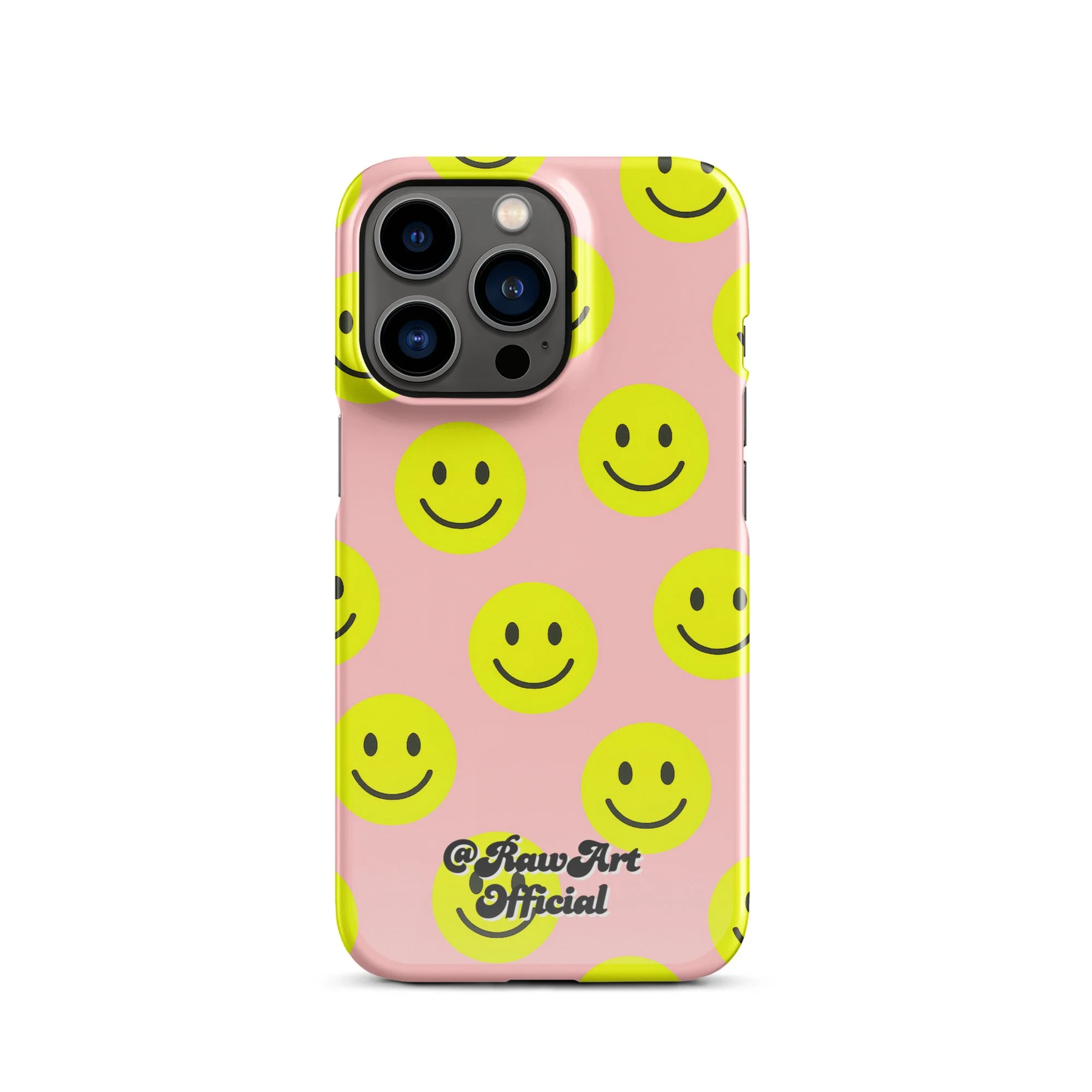 Pink iPhone case with yellow smiley face pattern, retro fun design.