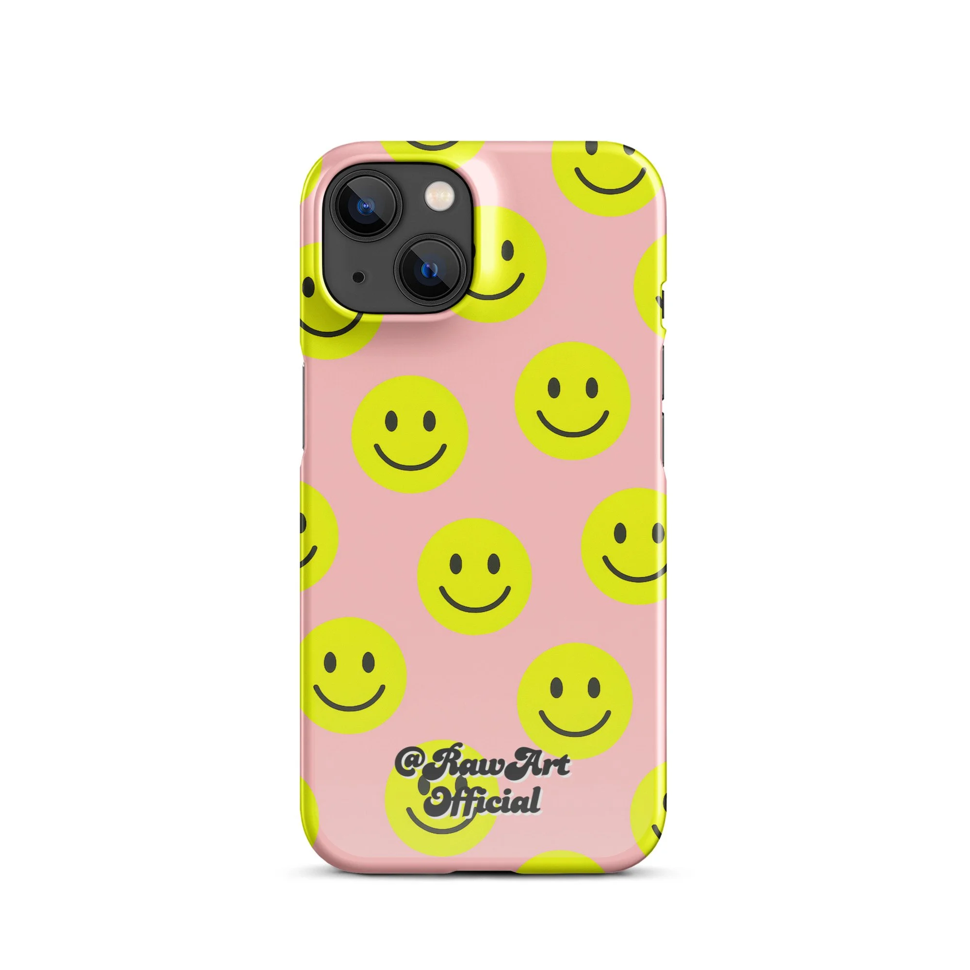 Pink iPhone case with yellow smiley face pattern, retro fun design.