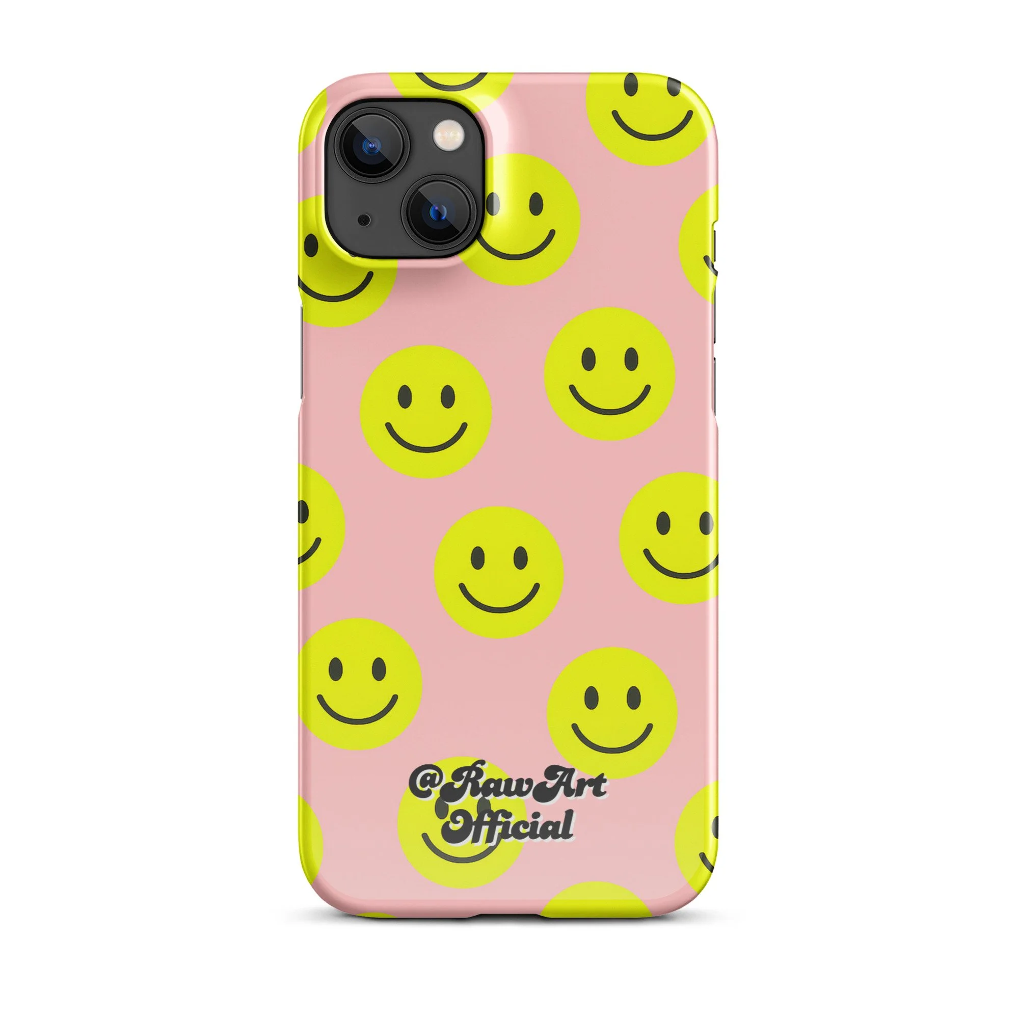 Pink iPhone case with yellow smiley face pattern, retro fun design.