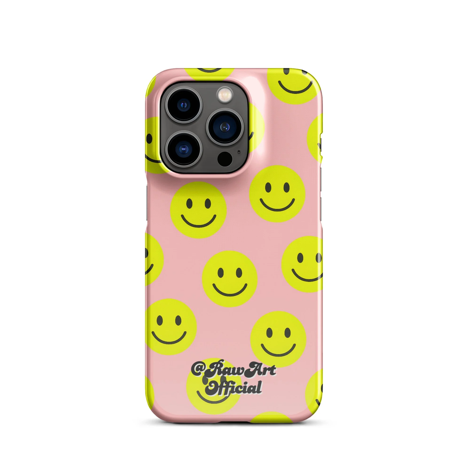 Pink iPhone case with yellow smiley face pattern, retro fun design.