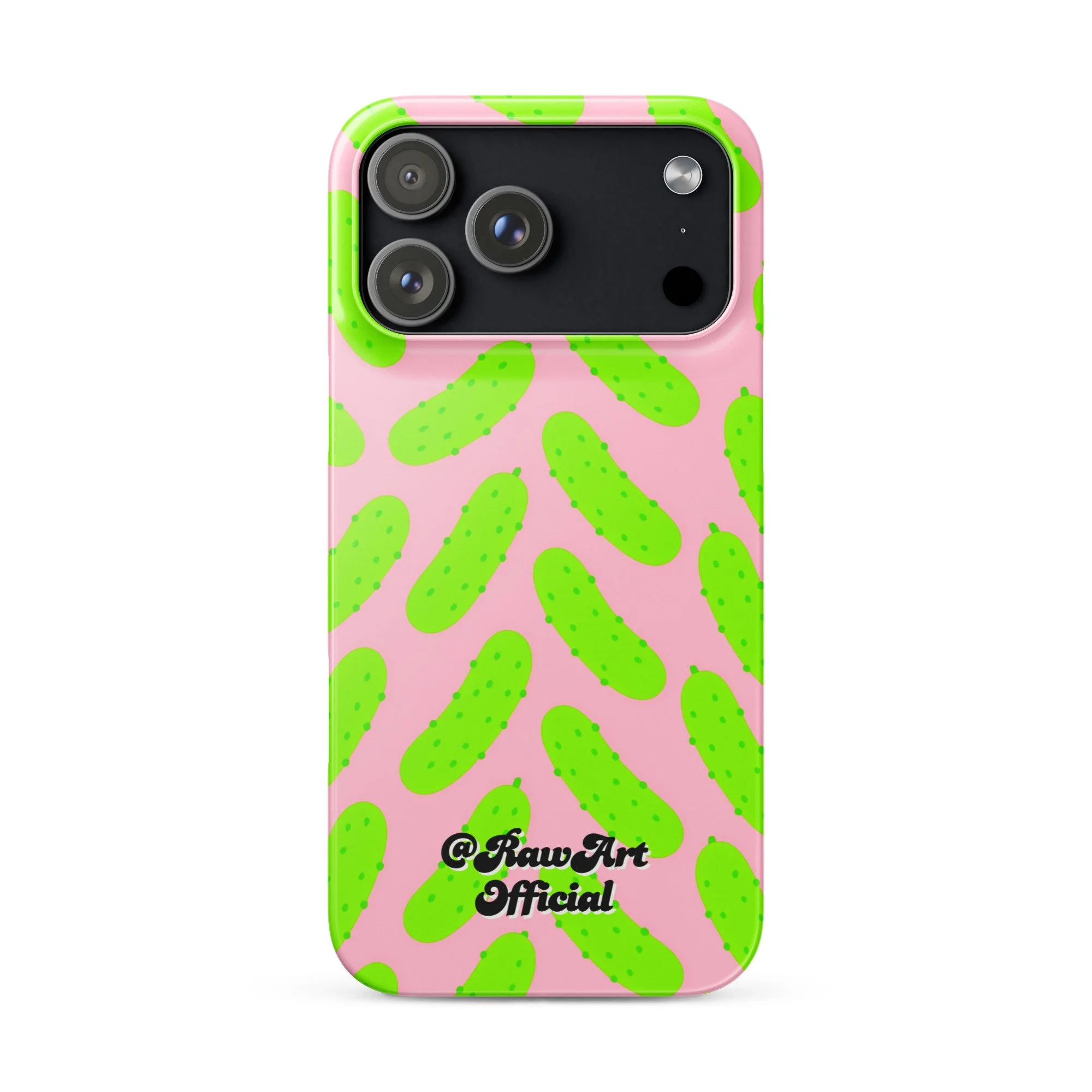 Pink iPhone case with neon green pickle pattern, retro fun design.