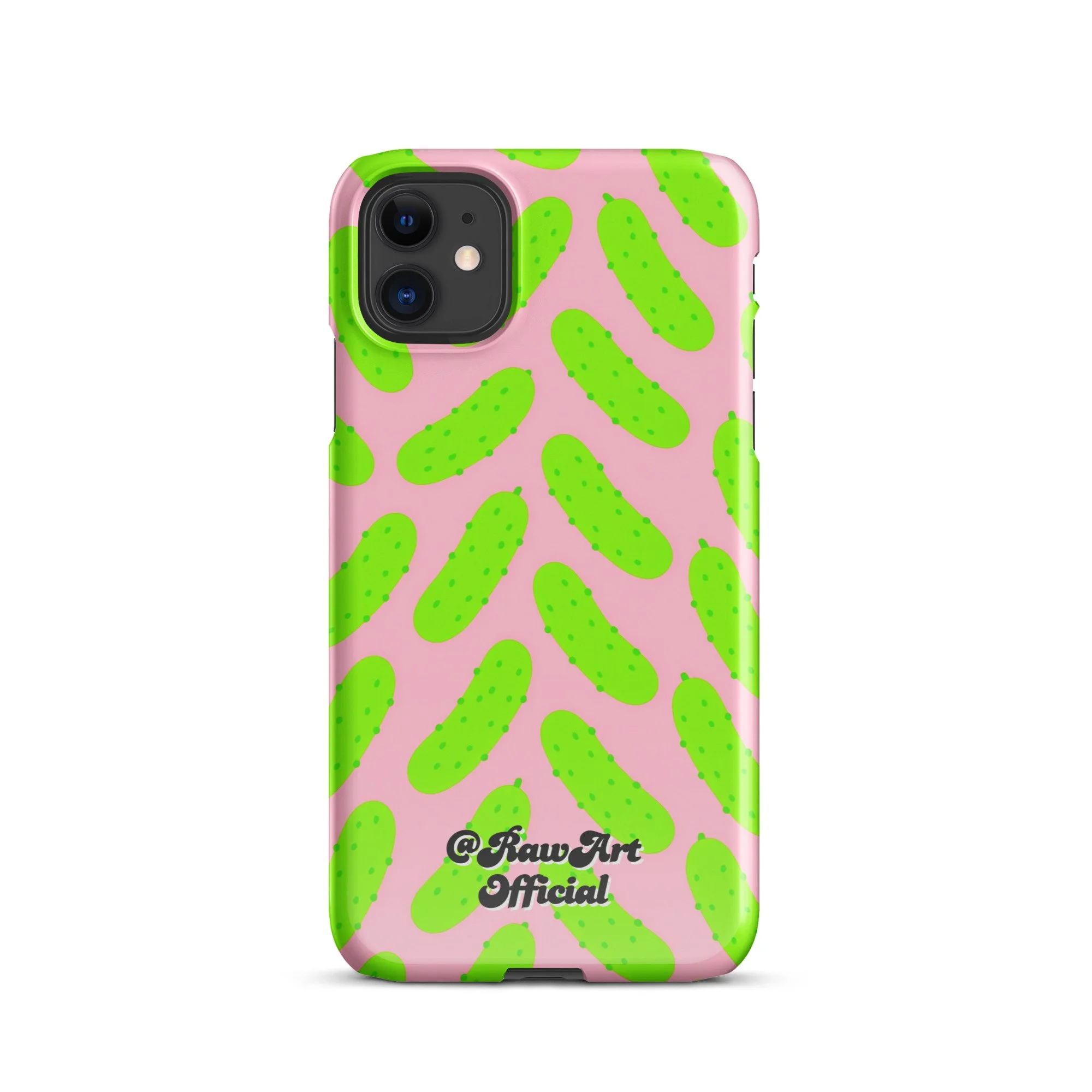 Pink iPhone case with neon green pickle pattern, retro fun design.