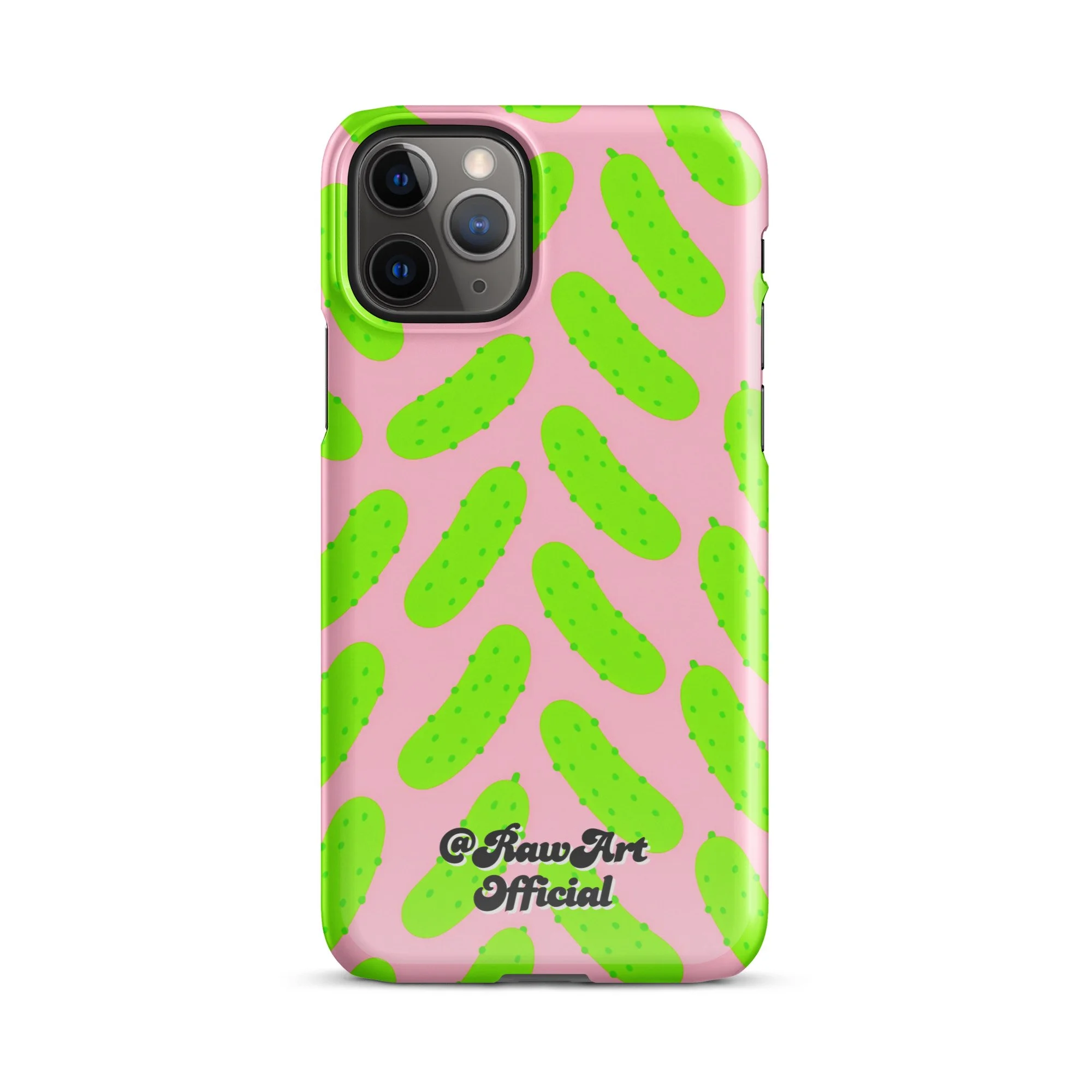 Pink iPhone case with neon green pickle pattern, retro fun design.