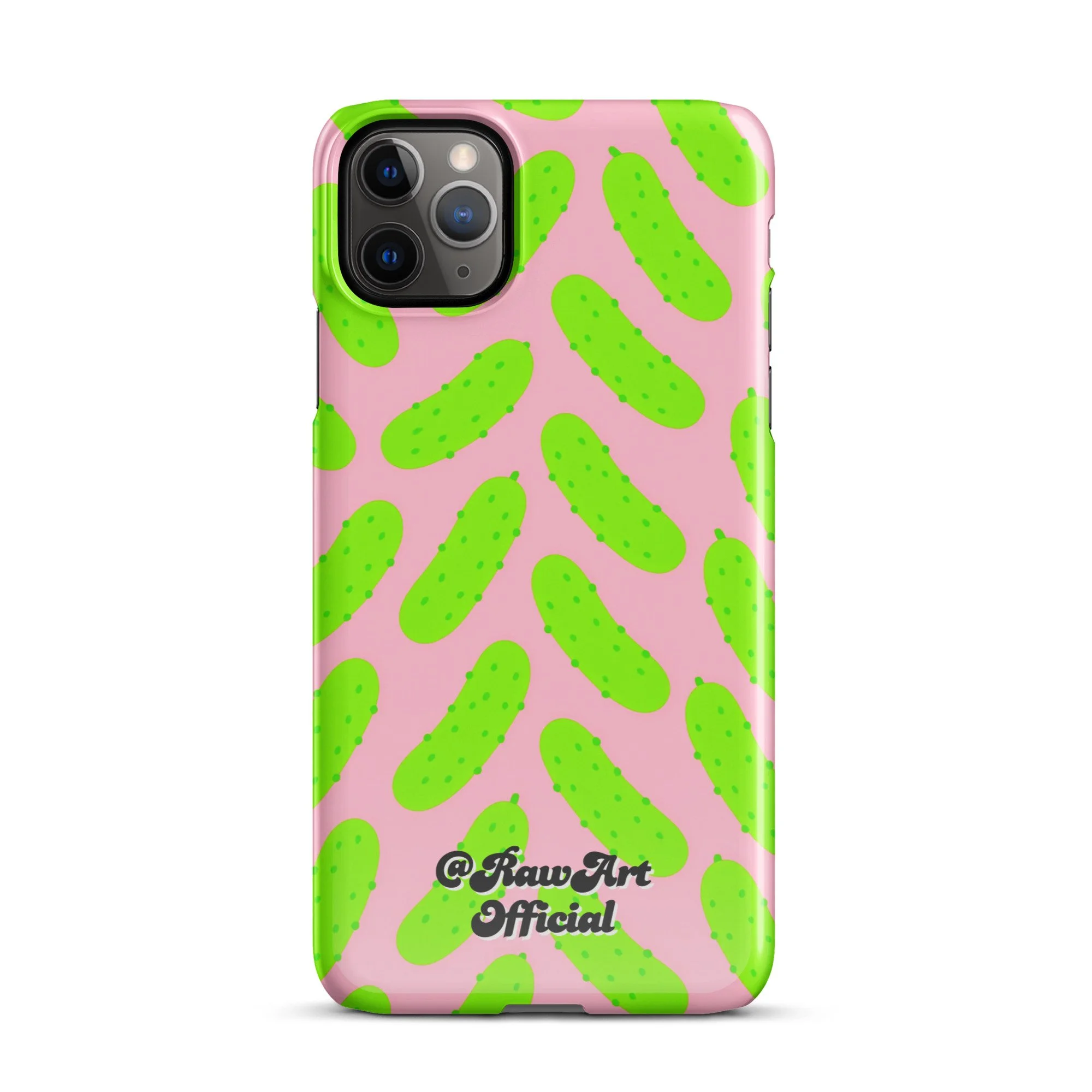 Pink iPhone case with neon green pickle pattern, retro fun design.