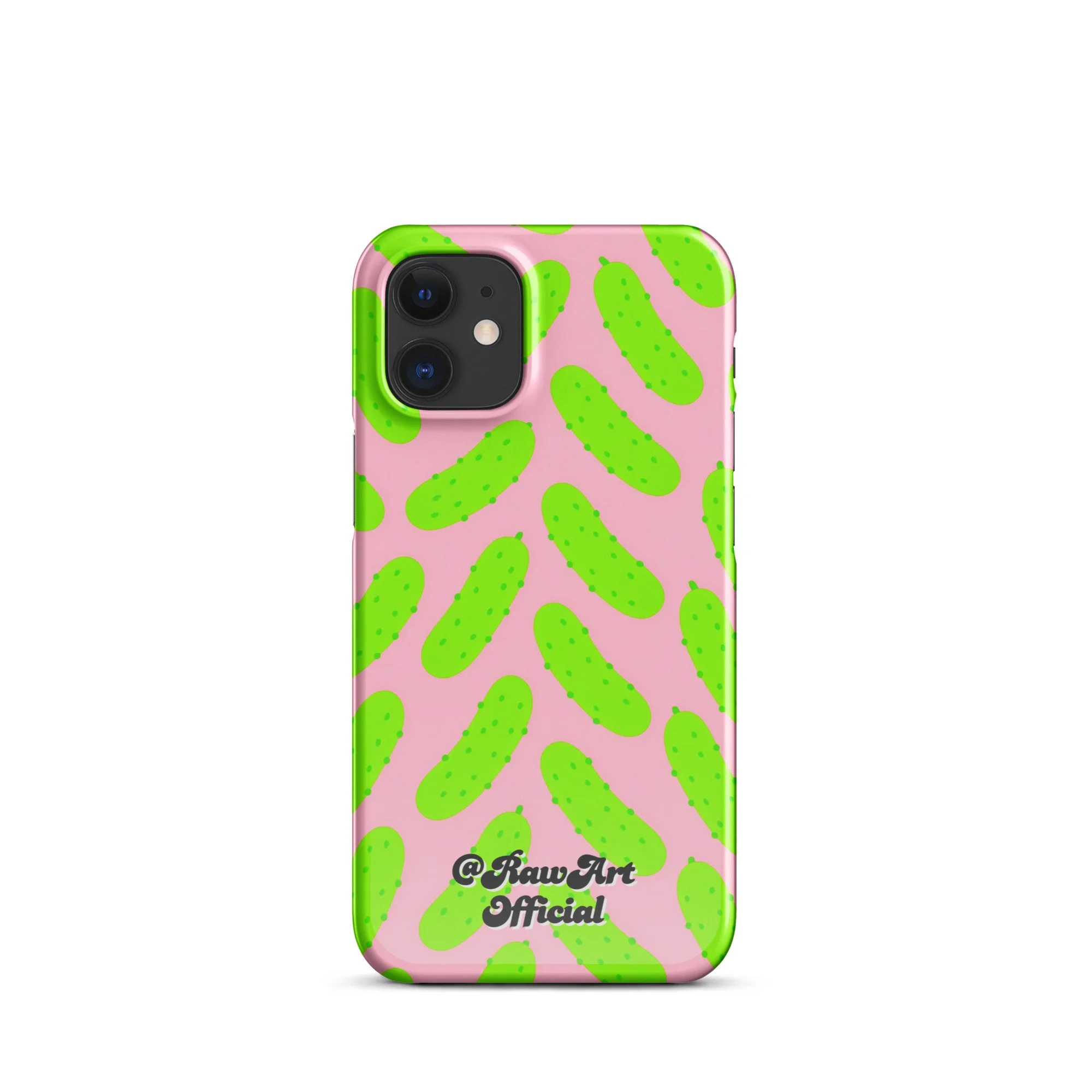 Pink iPhone case with neon green pickle pattern, retro fun design.