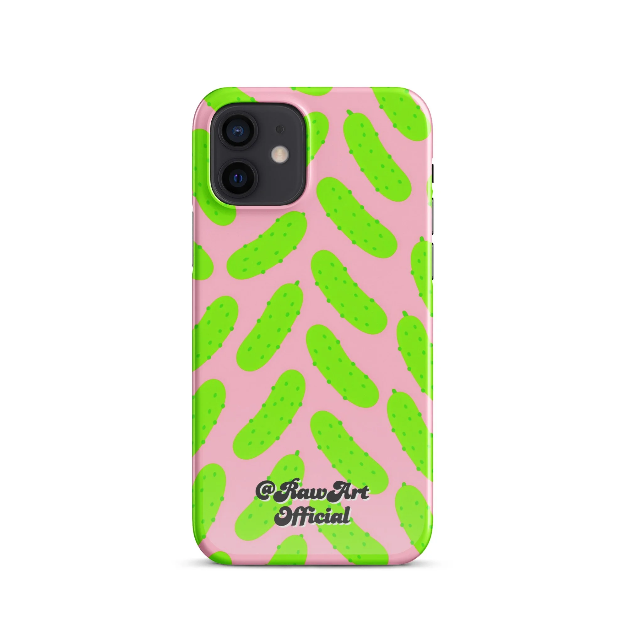 Pink iPhone case with neon green pickle pattern, retro fun design.