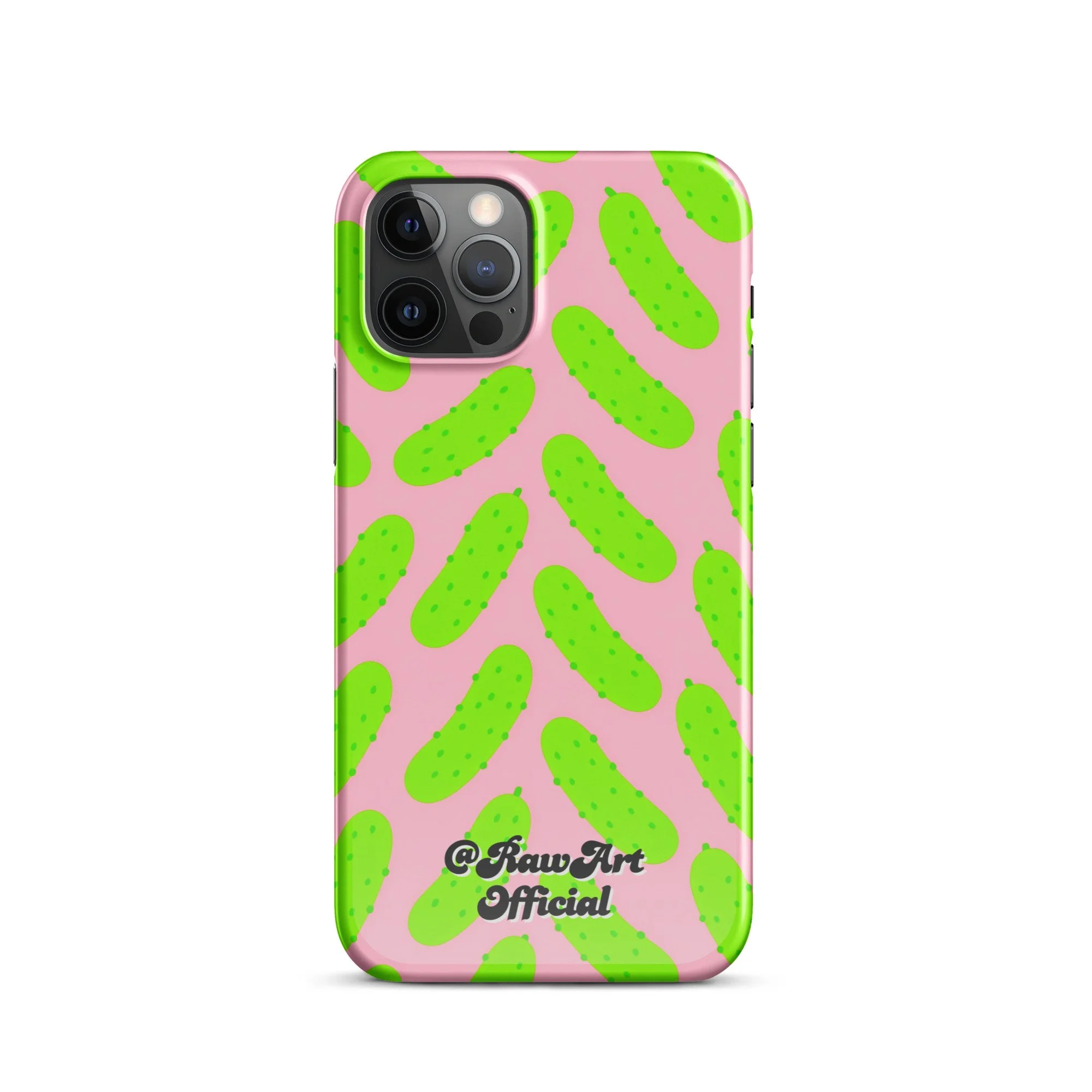 Pink iPhone case with neon green pickle pattern, retro fun design.