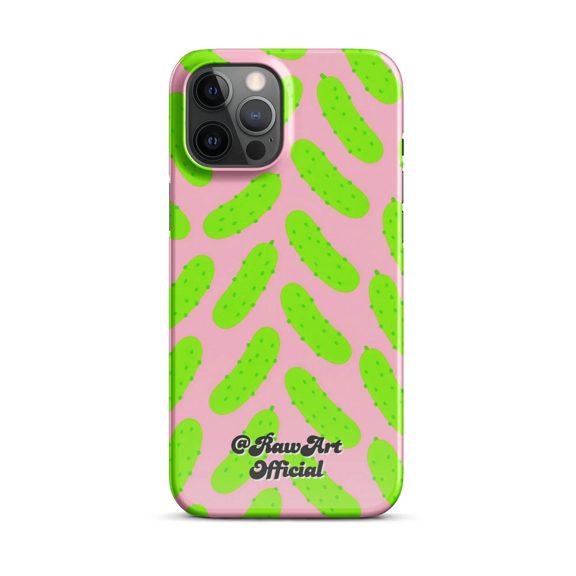 Pink iPhone case with neon green pickle pattern, retro fun design.