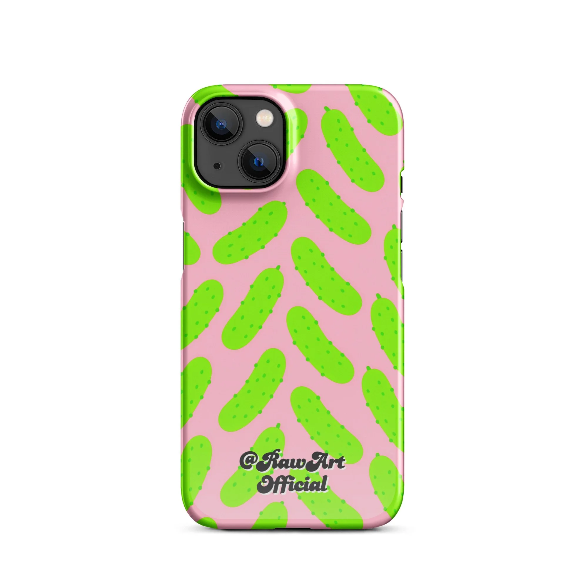 Pink iPhone case with neon green pickle pattern, retro fun design.